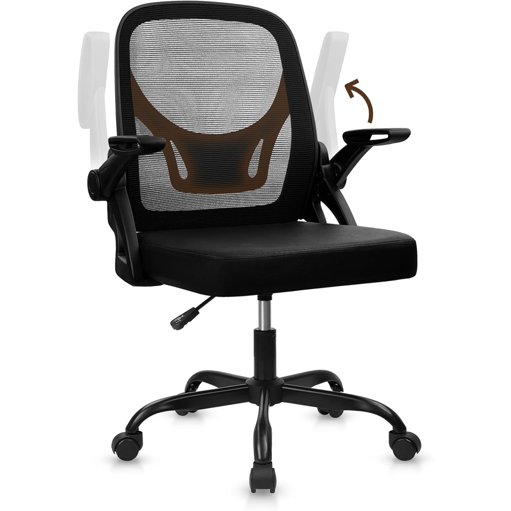 image:imageCLATINA Office Chair with Wheels Ergonomic Flip Up Arms Mesh Back Desk Chairs with Lumbar Support PU Leather Seat Adjustable Height Swivel Rolling Computer Task Chair for Study Home School BlackBlackleather Seat