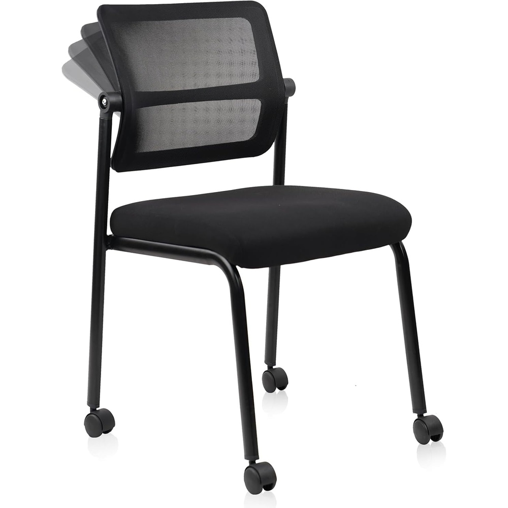 image:imageCLATINA Stackable Waiting Room Chair with Adjustable Mesh Backrest Armless Office Guest Reception Chairs with Leather Cushion and Ergonomic Lumbar Support for Conference Lobby Side School BlackMesh Wheels