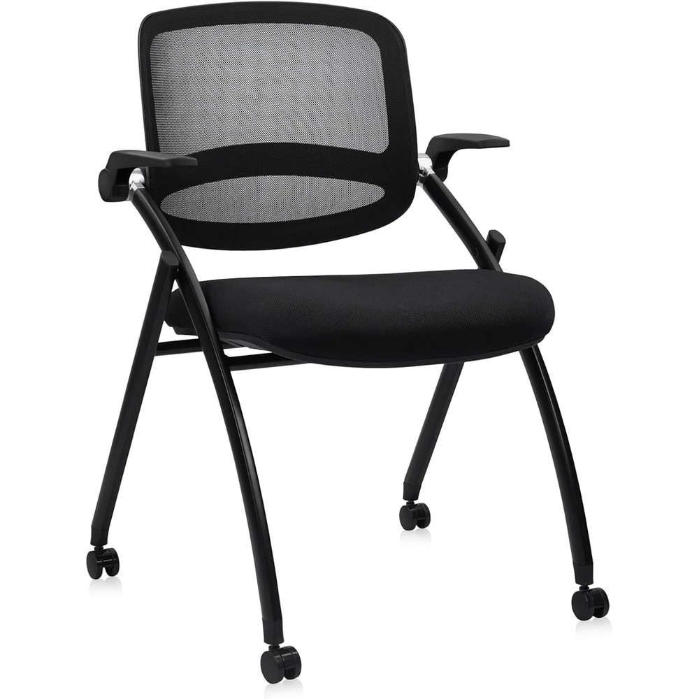 image:imageCLATINA Stackable amp Foldable Office Chairs with Ergonomic Lumbar Support and Thickened Seat Cushion Folding Mesh Fabric Reception Guest Chair for School Church Conference Waiting Room Black 2pkBlack With Armrest