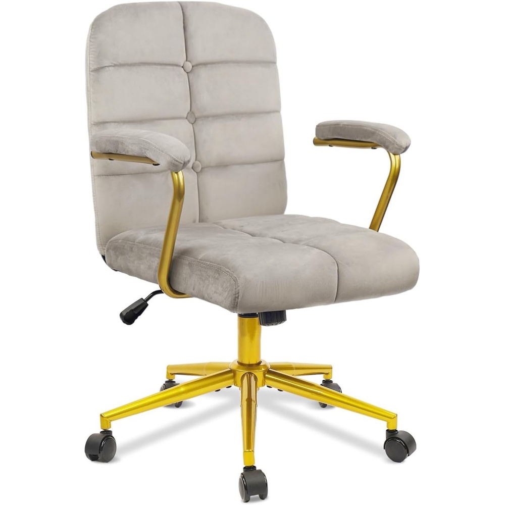 image:imageCLATINA Velvet Home Office Desk Chair Fabric Ergonomic Executive Computer Chairs with Golden Base and Arms Swivel Rolling Vanity Makeup Chair on Wheels for Bedroom Vanity Livingroom Gray