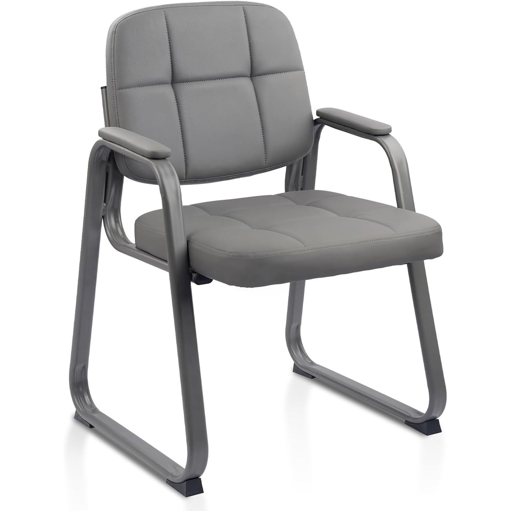 image:imageCLATINA Waiting Reception Chairs No Wheel Leather Guest Chair with Padded Arms Modern Brown Office Desk Chairs with Sled Base for Office Meeting Conference Room Lobby Home Living Room 4 PackGreysled Base