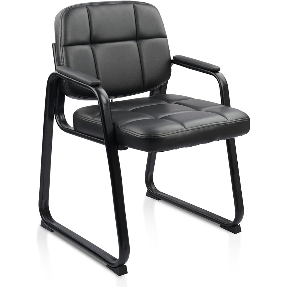 image:imageCLATINA Waiting Reception Chairs No Wheel Leather Guest Chair with Padded Arms Modern Brown Office Desk Chairs with Sled Base for Office Meeting Conference Room Lobby Home Living Room 4 PackBlacksled Base