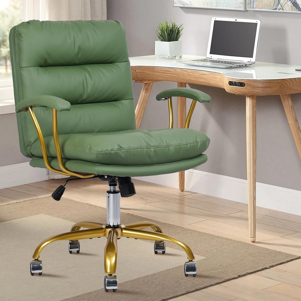 image:imageHome Office Chair with Wheels and Arms Faux Leather Ergonomic Desk Chairs with Padded Seat MidBack Swivel Soft Computer Chair Comfy Upholstered Task Chair for Home Bedroom Office WhiteGoldGreenlola