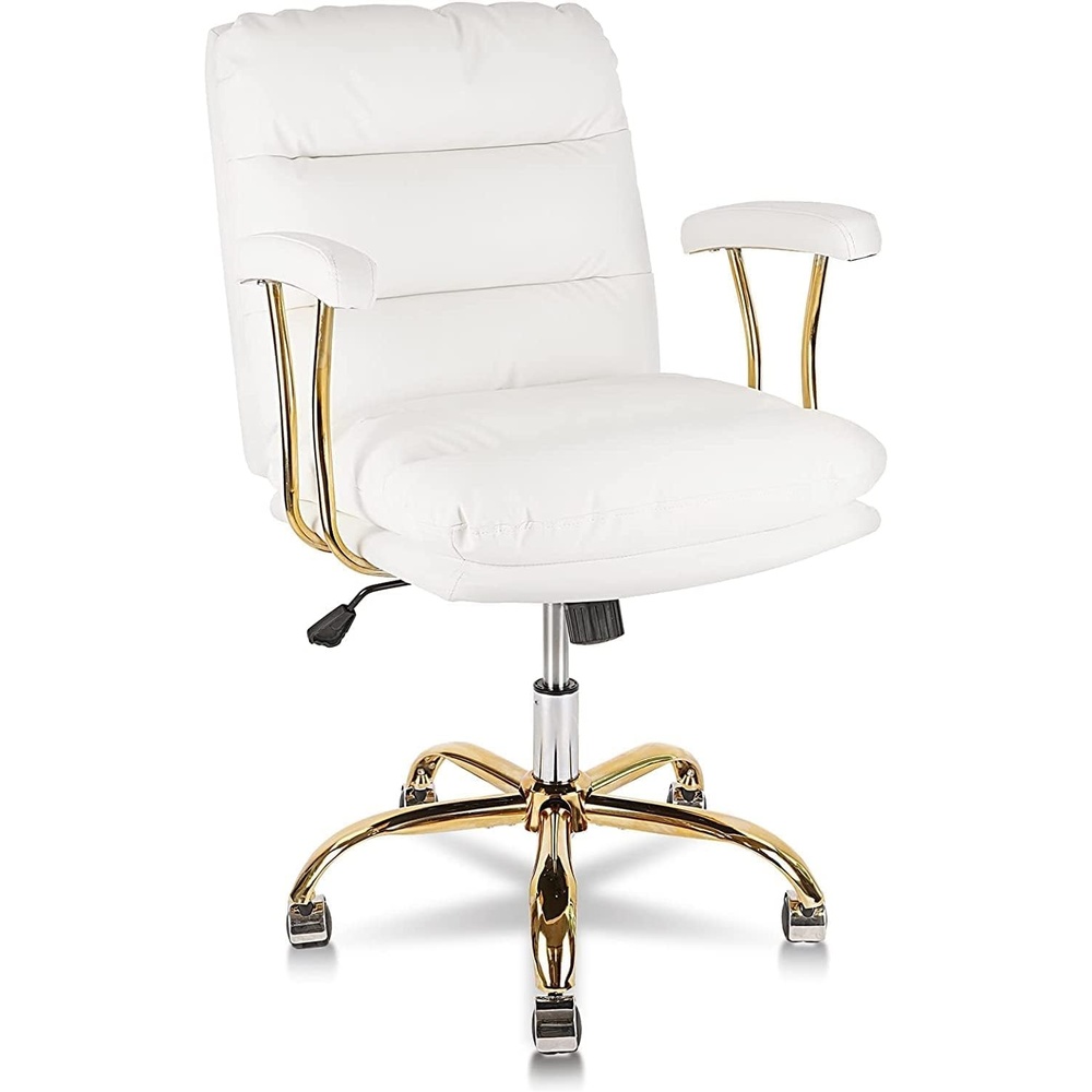image:imageHome Office Chair with Wheels and Arms Faux Leather Ergonomic Desk Chairs with Padded Seat MidBack Swivel Soft Computer Chair Comfy Upholstered Task Chair for Home Bedroom Office WhiteGoldWhitelola