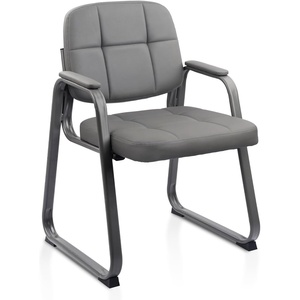 image:imageCLATINA Leather Office Guest Waiting Room Chair Sets of 4 Reception Chair No Wheels with Armrests and Lumber Support Stationary Desk Armchair for Meeting Conference Lobby Shool Study GreyGreysled Base