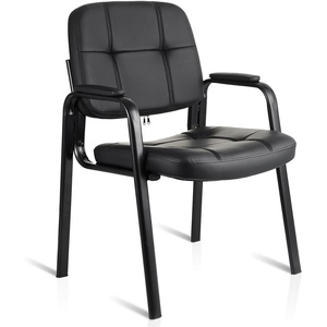 image:imageCLATINA Leather Office Guest Waiting Room Chair Sets of 4 Reception Chair No Wheels with Armrests and Lumber Support Stationary Desk Armchair for Meeting Conference Lobby Shool Study GreyBlack