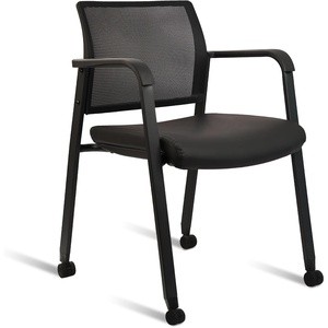 image:imageCLATINA Mesh Back Stacking Arm Chairs with Upholstered Fabric Seat and Ergonomic Lumber Support for Office School Church Guest Reception Black 4 Pack Set New VersionWithwheels Black Leather