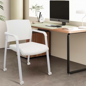 image:imageCLATINA Mesh Back Stacking Arm Chairs with Upholstered Fabric Seat and Ergonomic Lumber Support for Office School Church Guest Reception Black 4 Pack Set New VersionWithwheels White Leather