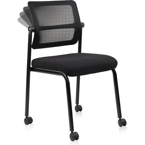 image:imageCLATINA Stackable Waiting Room Chair with Adjustable Mesh Backrest Armless Office Guest Reception Chairs with Leather Cushion and Ergonomic Lumbar Support for Conference Lobby Side School BlackMesh  Wheels