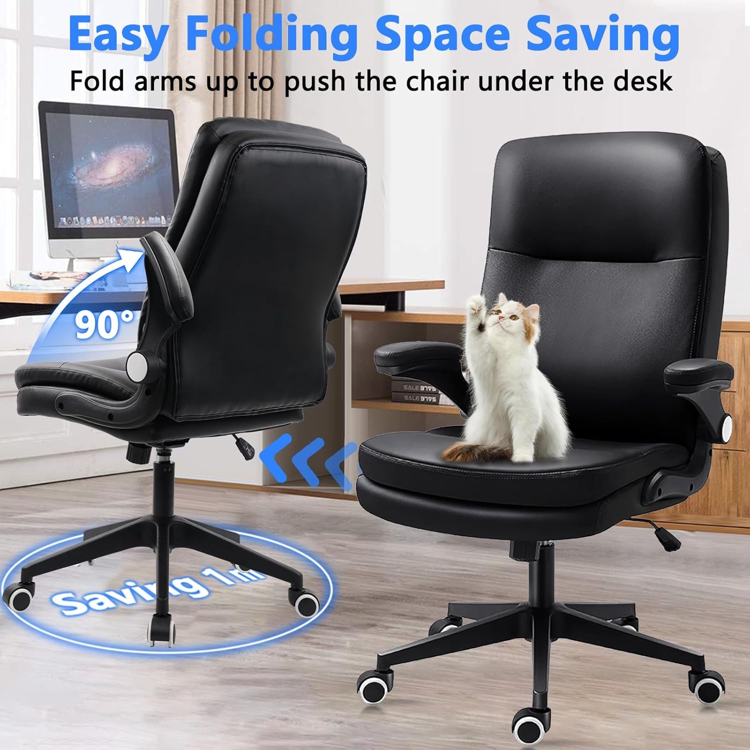 image:imageCLATINA Ergonomic Office Chair with Flipup Arms 350 LBS Black Leather Executive Desk Chairs Adjustable Height Swivel Rocking Rolling Computer Task Chair for Home Working