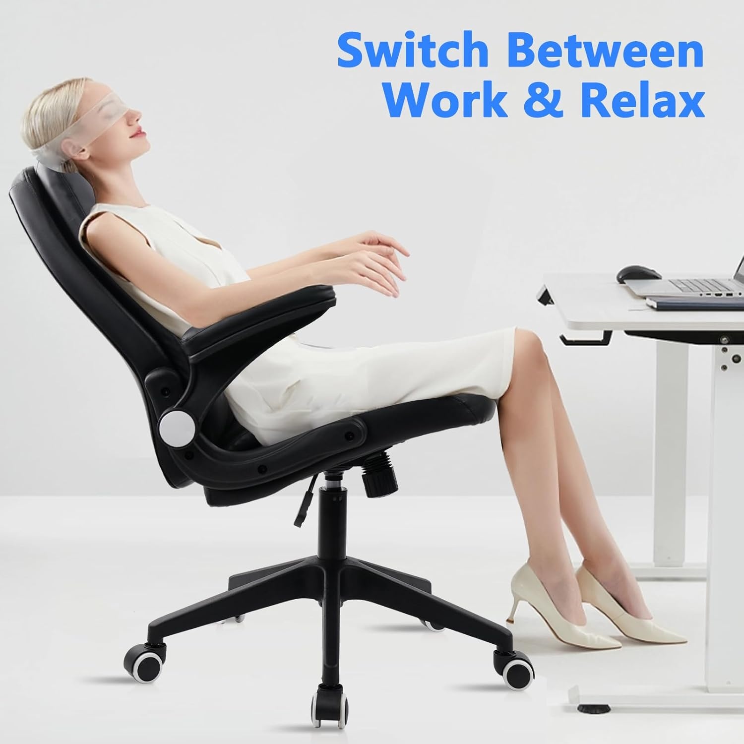 image:imageCLATINA Ergonomic Office Chair with Flipup Arms 350 LBS Black Leather Executive Desk Chairs Adjustable Height Swivel Rocking Rolling Computer Task Chair for Home Working