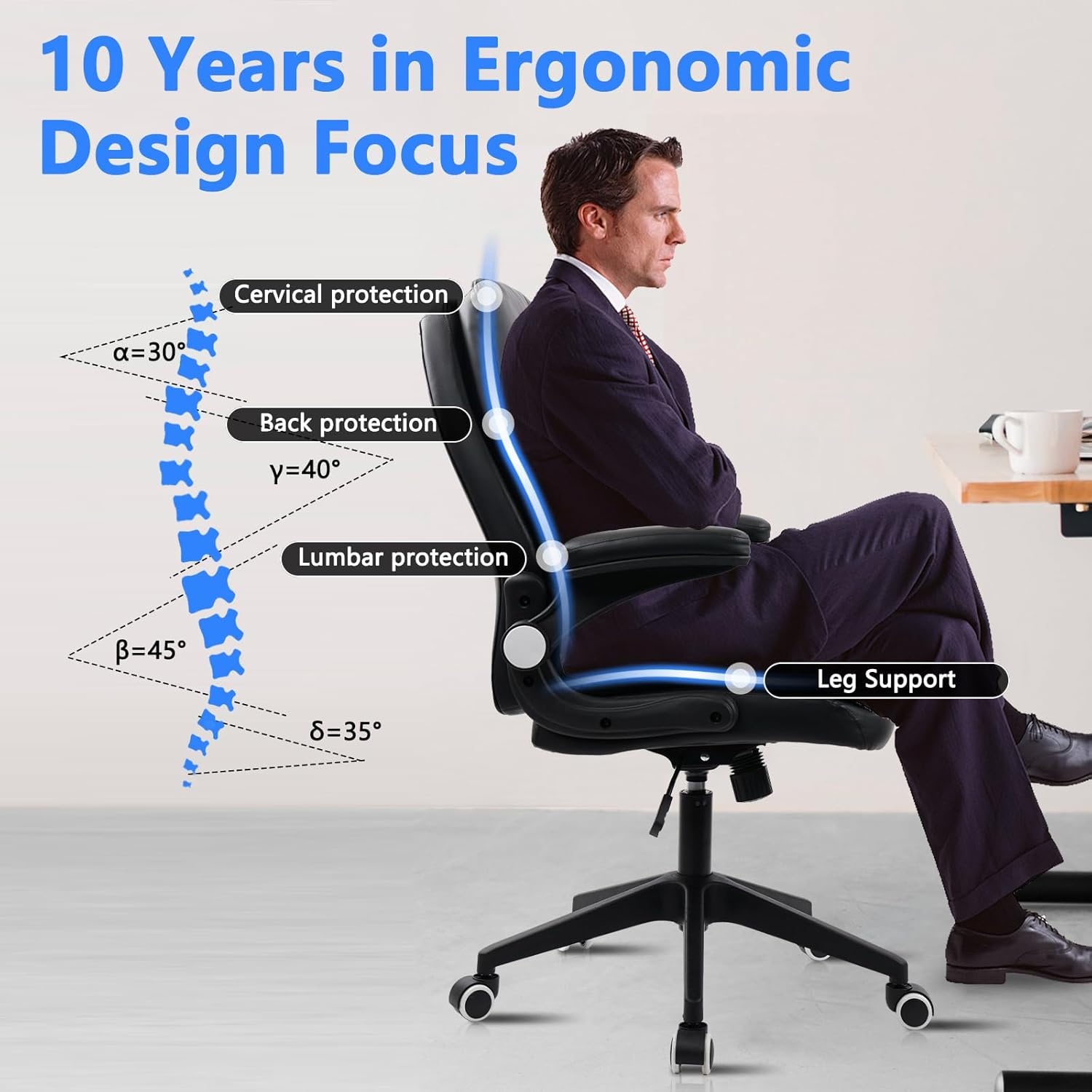 image:imageCLATINA Ergonomic Office Chair with Flipup Arms 350 LBS Black Leather Executive Desk Chairs Adjustable Height Swivel Rocking Rolling Computer Task Chair for Home Working