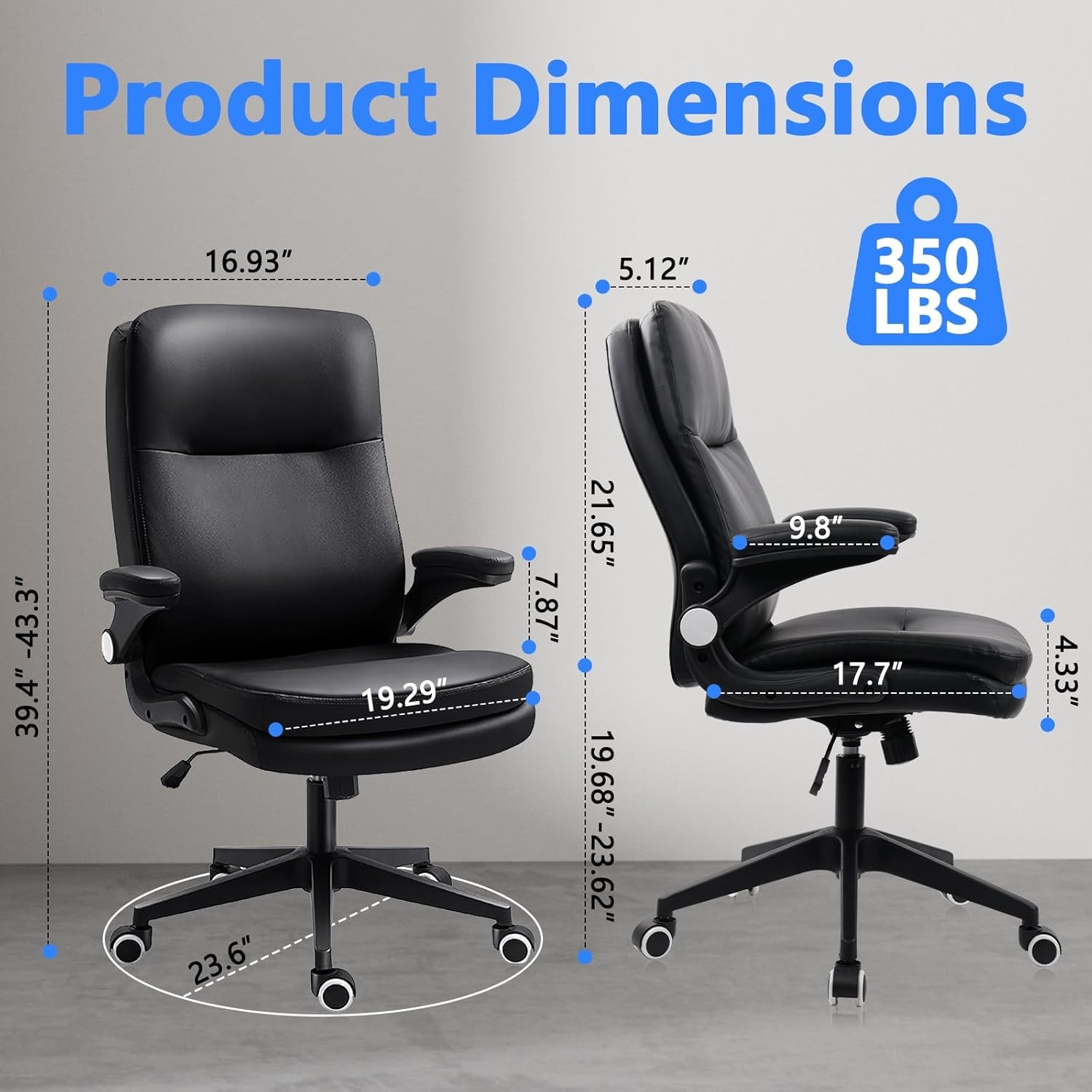 image:imageCLATINA Ergonomic Office Chair with Flipup Arms 350 LBS Black Leather Executive Desk Chairs Adjustable Height Swivel Rocking Rolling Computer Task Chair for Home Working