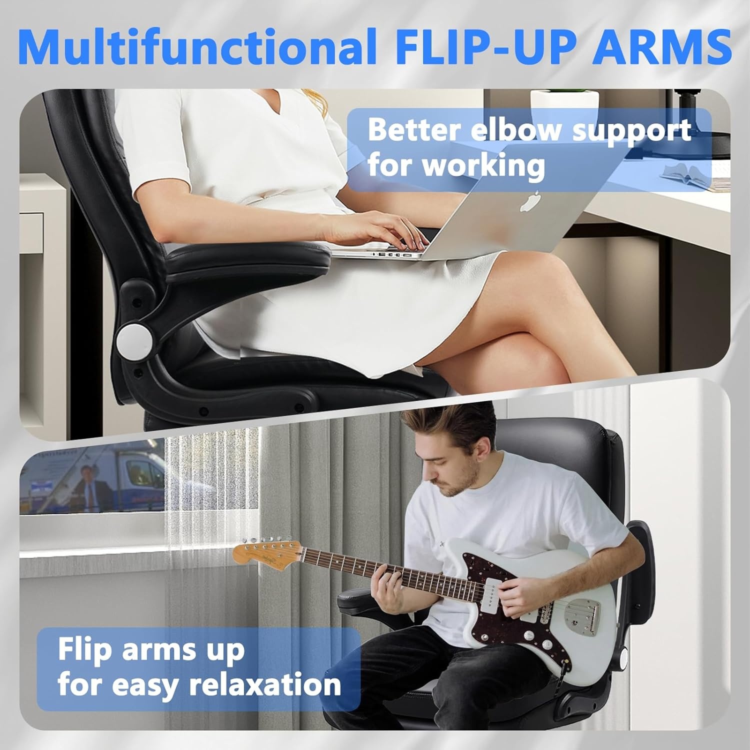image:imageCLATINA Ergonomic Office Chair with Flipup Arms 350 LBS Black Leather Executive Desk Chairs Adjustable Height Swivel Rocking Rolling Computer Task Chair for Home Working