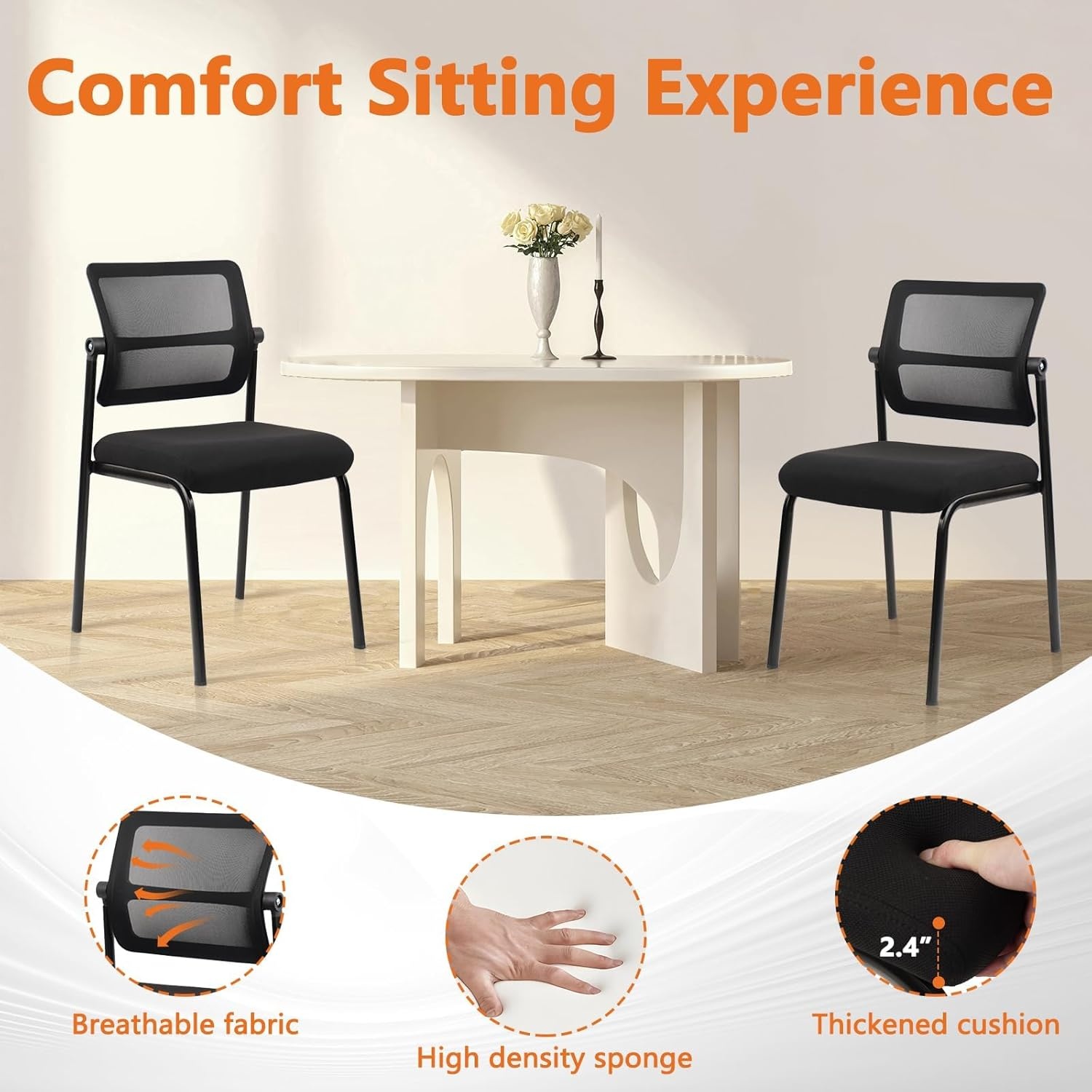 image:imageCLATINA Mesh Stacking Office Desk Chairs with Wheels Portable Stackable Bulk Waiting Room Armless Chair with Adjustable Back amp Fabric Seat for Guest Lobby Side School Church Conference Break BlackCloth Wheelless