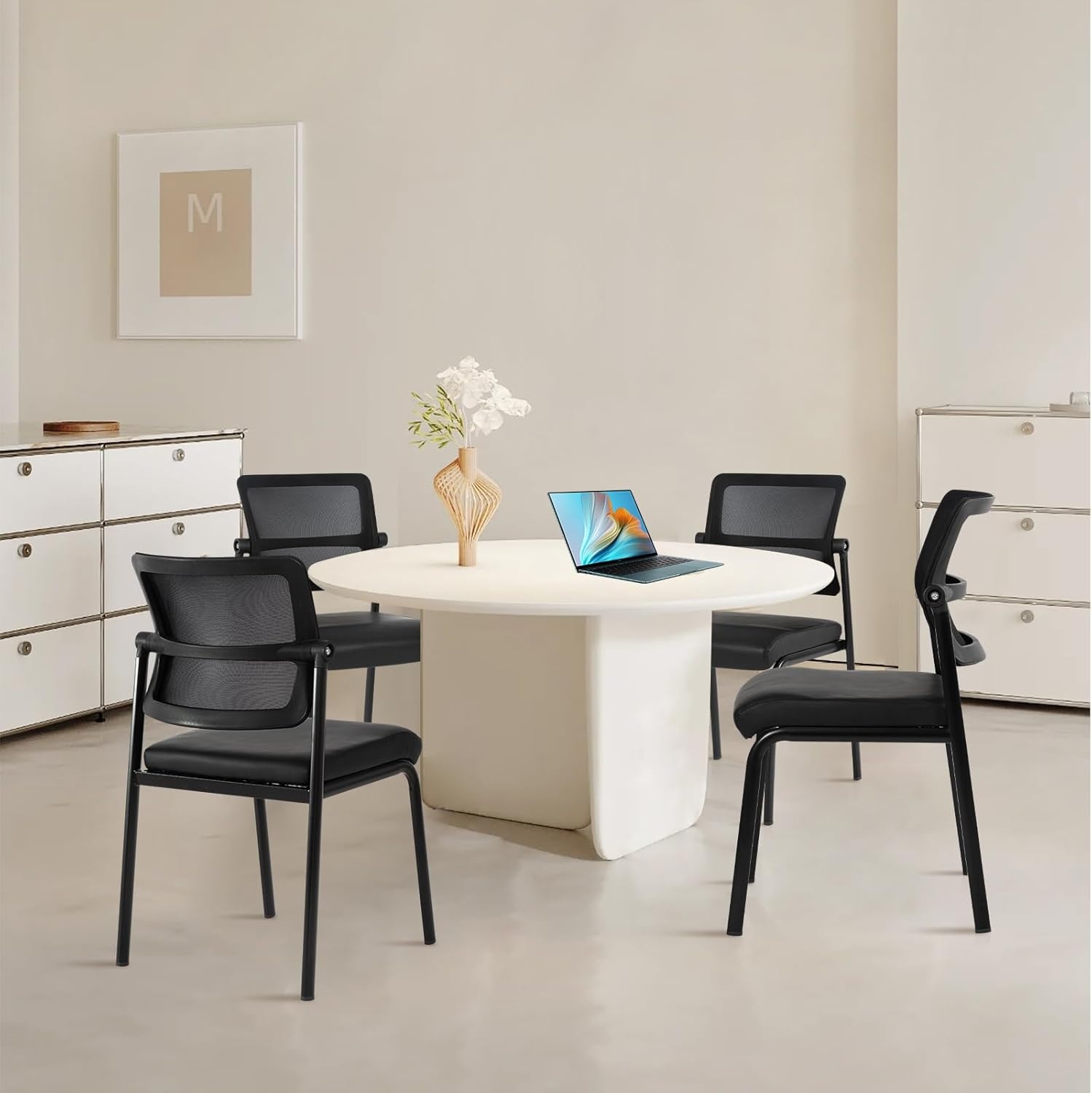 image:imageCLATINA Mesh Stacking Office Desk Chairs with Wheels Portable Stackable Bulk Waiting Room Armless Chair with Adjustable Back amp Fabric Seat for Guest Lobby Side School Church Conference Break BlackLeather Wheelless