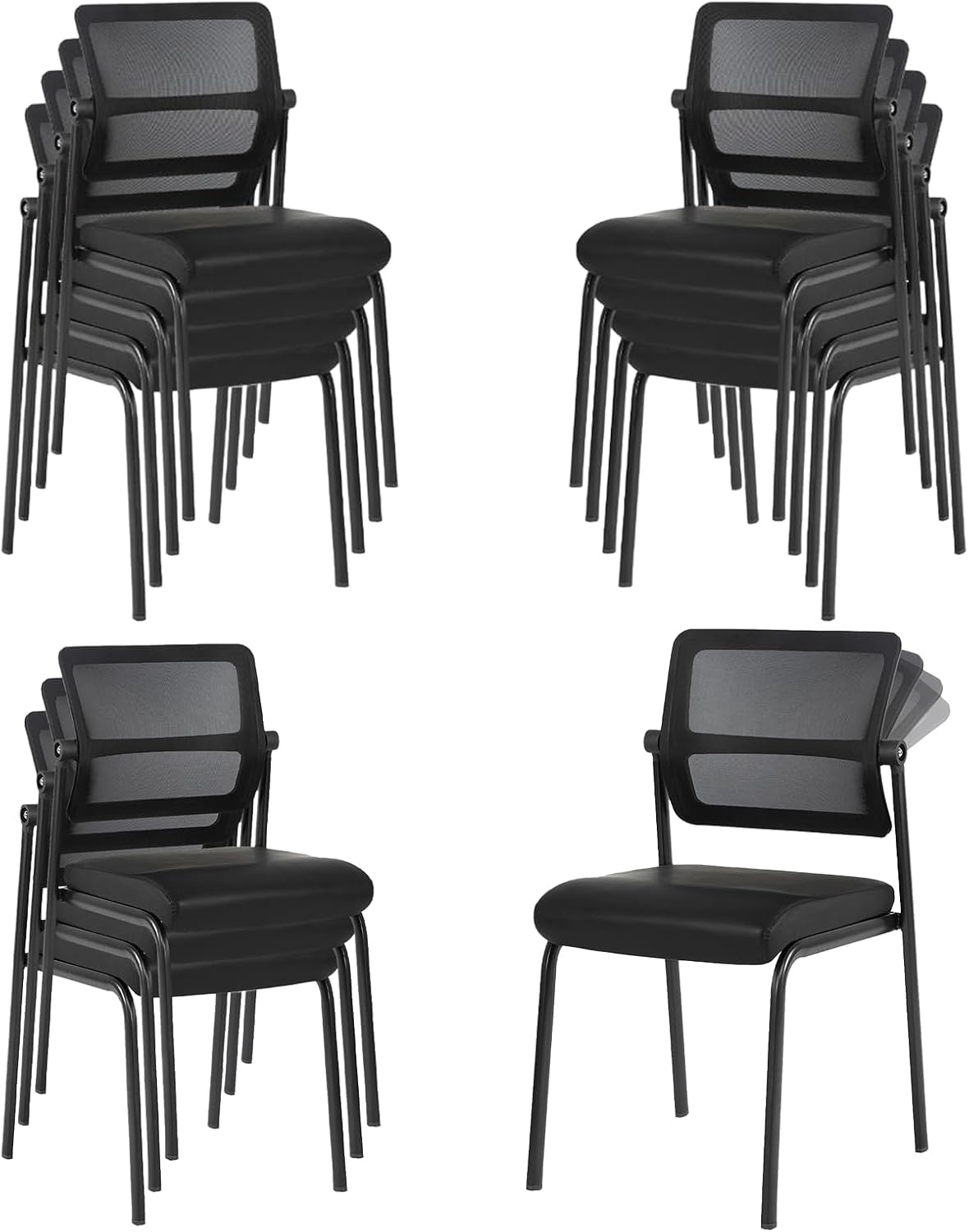 image:imageCLATINA Mesh Stacking Office Desk Chairs with Wheels Portable Stackable Bulk Waiting Room Armless Chair with Adjustable Back amp Fabric Seat for Guest Lobby Side School Church Conference Break BlackLeather Wheelless