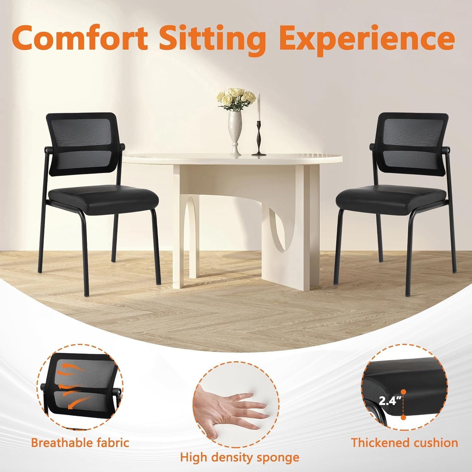 image:imageCLATINA Mesh Stacking Office Desk Chairs with Wheels Portable Stackable Bulk Waiting Room Armless Chair with Adjustable Back amp Fabric Seat for Guest Lobby Side School Church Conference Break BlackLeather Wheelless