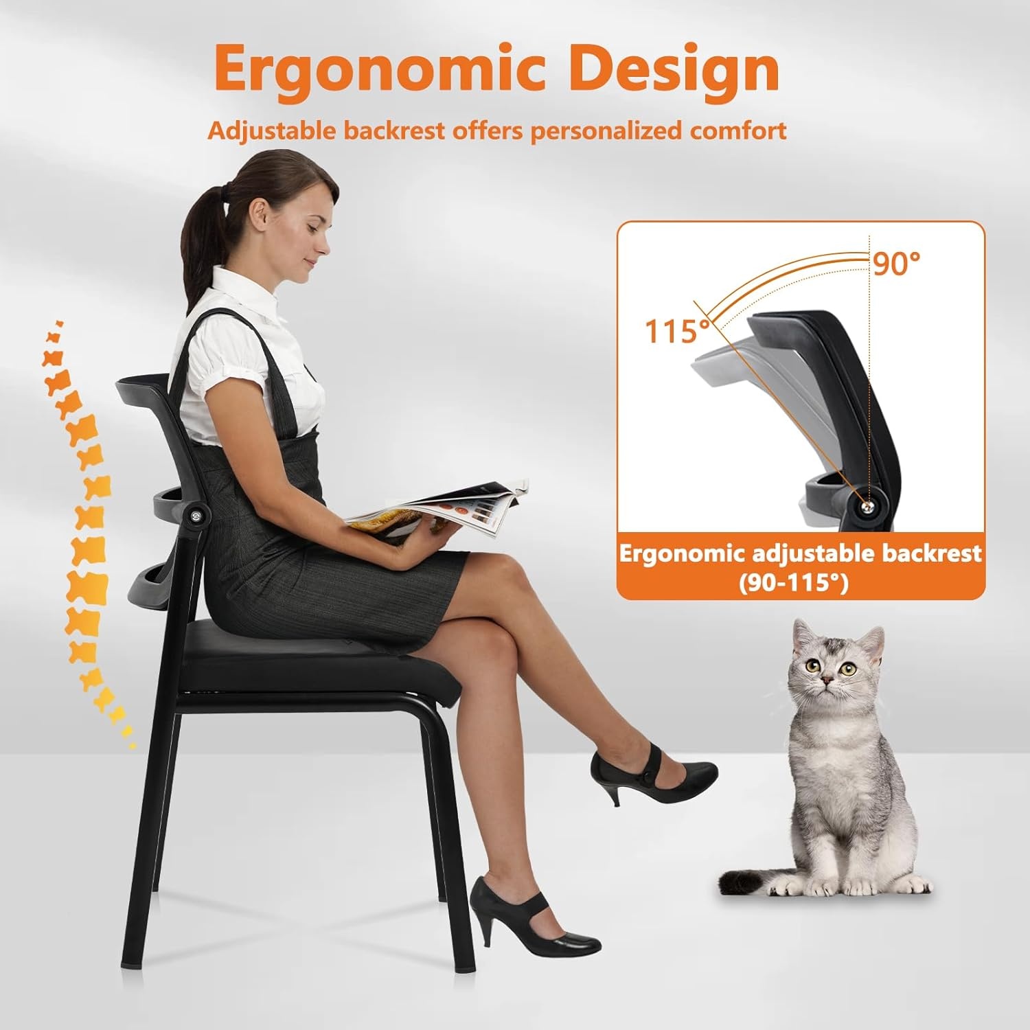 image:imageCLATINA Mesh Stacking Office Desk Chairs with Wheels Portable Stackable Bulk Waiting Room Armless Chair with Adjustable Back amp Fabric Seat for Guest Lobby Side School Church Conference Break BlackLeather Wheelless