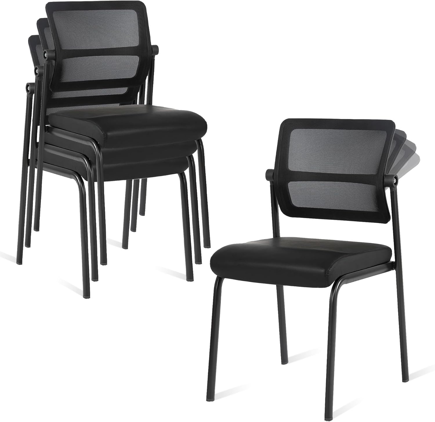 image:imageCLATINA Mesh Stacking Office Desk Chairs with Wheels Portable Stackable Bulk Waiting Room Armless Chair with Adjustable Back amp Fabric Seat for Guest Lobby Side School Church Conference Break BlackLeather Wheelless