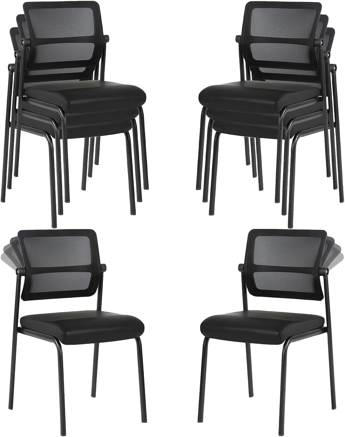 image:imageCLATINA Mesh Stacking Office Desk Chairs with Wheels Portable Stackable Bulk Waiting Room Armless Chair with Adjustable Back amp Fabric Seat for Guest Lobby Side School Church Conference Break BlackLeather Wheelless