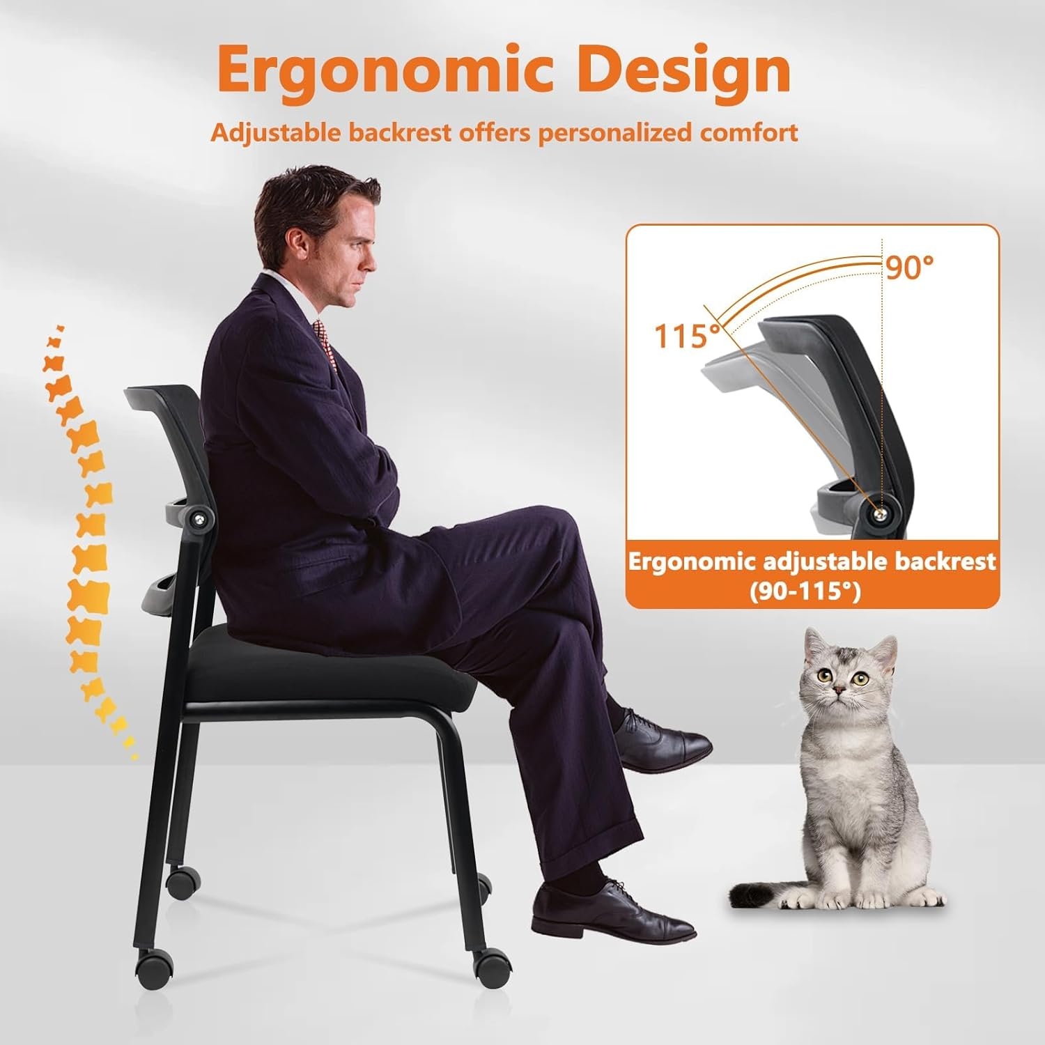 image:imageCLATINA Mesh Stacking Office Desk Chairs with Wheels Portable Stackable Bulk Waiting Room Armless Chair with Adjustable Back amp Fabric Seat for Guest Lobby Side School Church Conference Break BlackCloth Wheels
