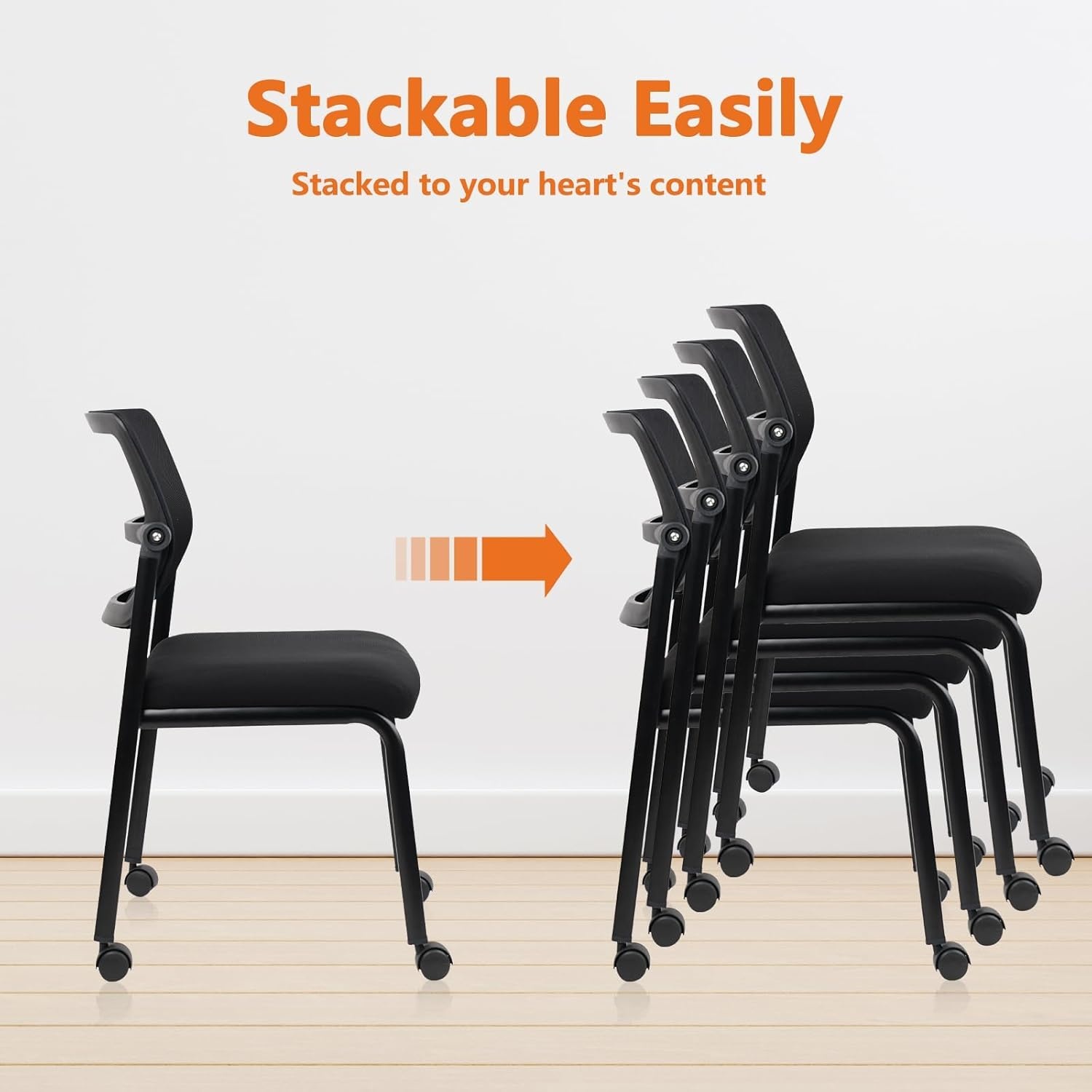 image:imageCLATINA Mesh Stacking Office Desk Chairs with Wheels Portable Stackable Bulk Waiting Room Armless Chair with Adjustable Back amp Fabric Seat for Guest Lobby Side School Church Conference Break BlackCloth Wheels