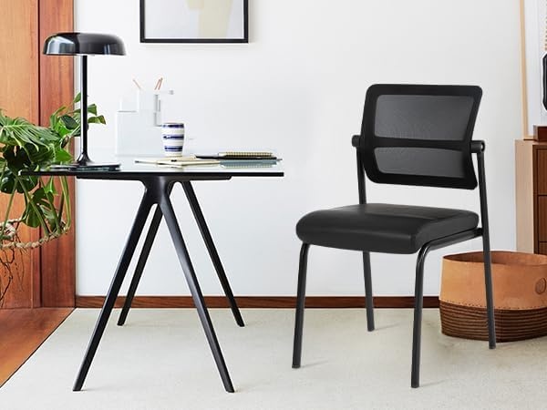 image:imageCLATINA Mesh Stacking Office Desk Chairs with Wheels Portable Stackable Bulk Waiting Room Armless Chair with Adjustable Back amp Fabric Seat for Guest Lobby Side School Church Conference Break BlackLeather Wheelless