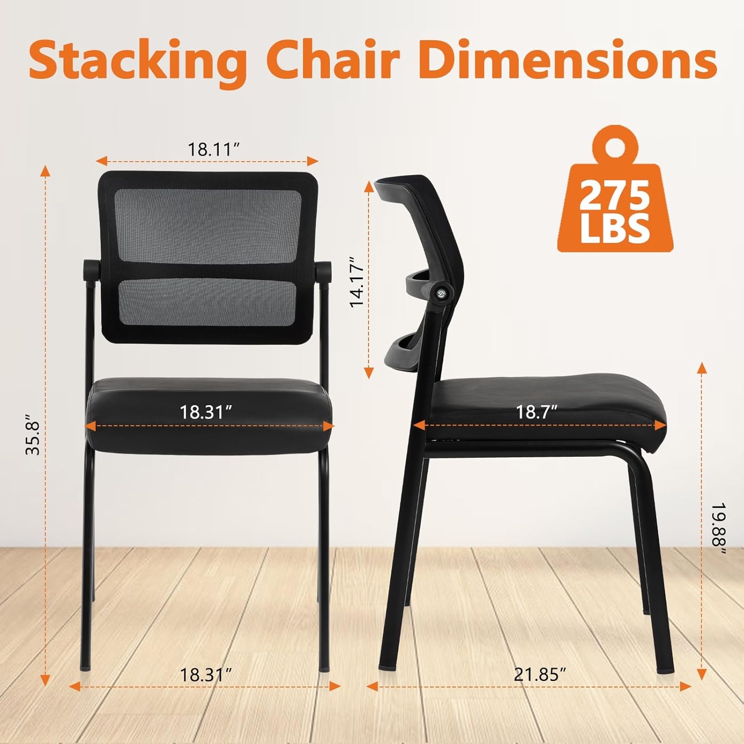 image:imageCLATINA Mesh Stacking Office Desk Chairs with Wheels Portable Stackable Bulk Waiting Room Armless Chair with Adjustable Back amp Fabric Seat for Guest Lobby Side School Church Conference Break BlackLeather Wheelless