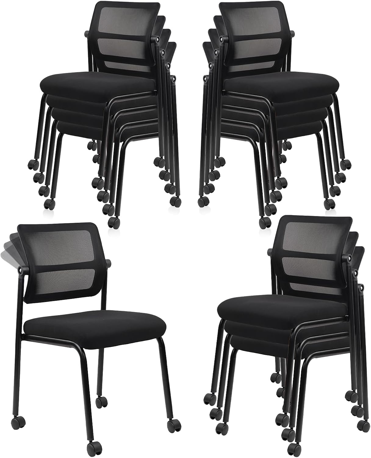 image:imageCLATINA Mesh Stacking Office Desk Chairs with Wheels Portable Stackable Bulk Waiting Room Armless Chair with Adjustable Back amp Fabric Seat for Guest Lobby Side School Church Conference Break BlackCloth Wheels