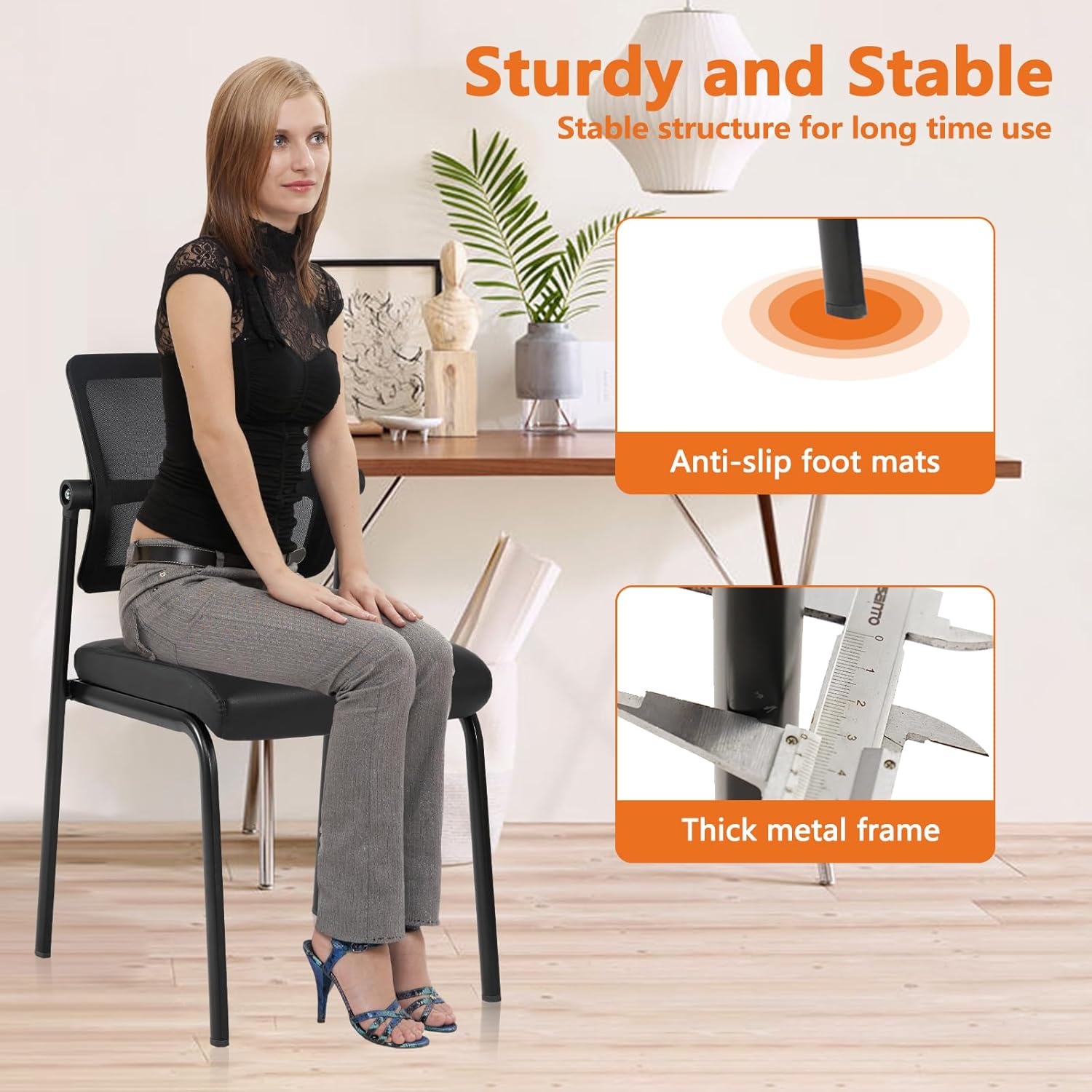 image:imageCLATINA Mesh Stacking Office Desk Chairs with Wheels Portable Stackable Bulk Waiting Room Armless Chair with Adjustable Back amp Fabric Seat for Guest Lobby Side School Church Conference Break BlackLeather Wheelless