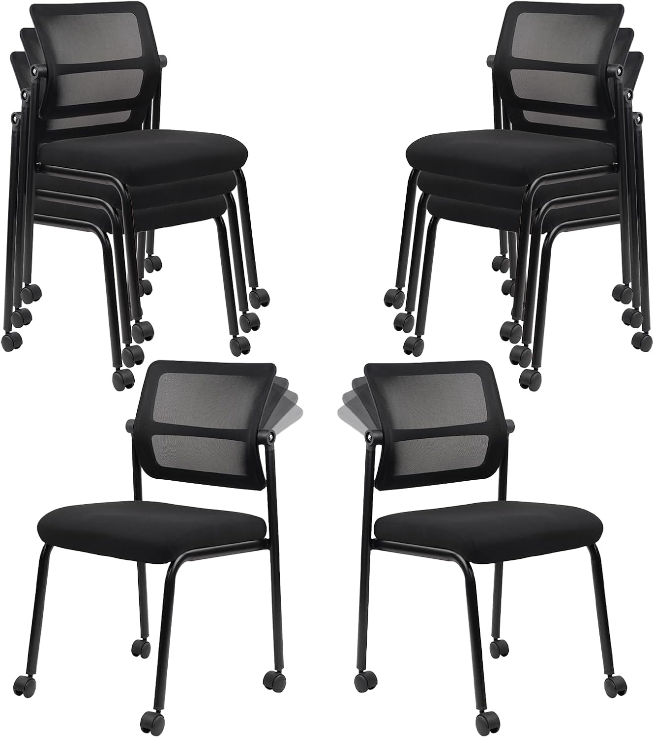 image:imageCLATINA Mesh Stacking Office Desk Chairs with Wheels Portable Stackable Bulk Waiting Room Armless Chair with Adjustable Back amp Fabric Seat for Guest Lobby Side School Church Conference Break BlackCloth Wheels
