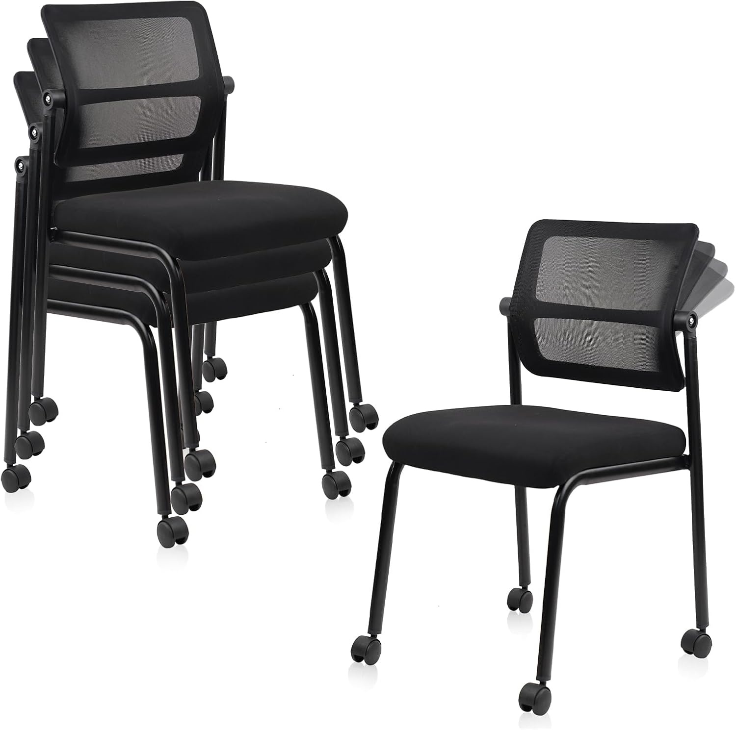 image:imageCLATINA Mesh Stacking Office Desk Chairs with Wheels Portable Stackable Bulk Waiting Room Armless Chair with Adjustable Back amp Fabric Seat for Guest Lobby Side School Church Conference Break BlackCloth Wheels