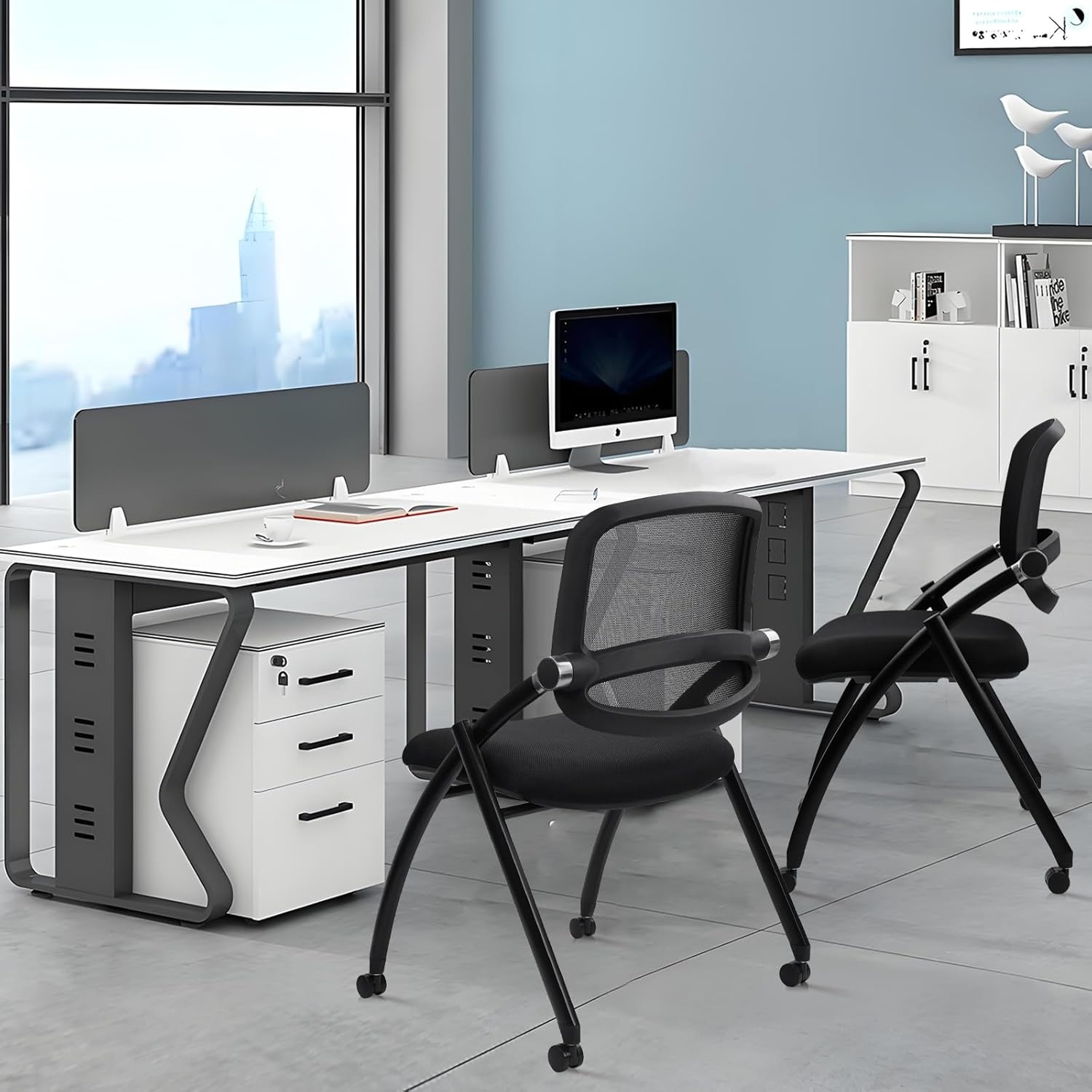 image:imageCLATINA Stackable amp Foldable Chairs with Wheels Reception Guest Chairs with Lumbar Support Ergonomic Mesh Back Folding Chair for Office Schools Training Conference Waiting Room Black 8PACKBlackcurved Backrest