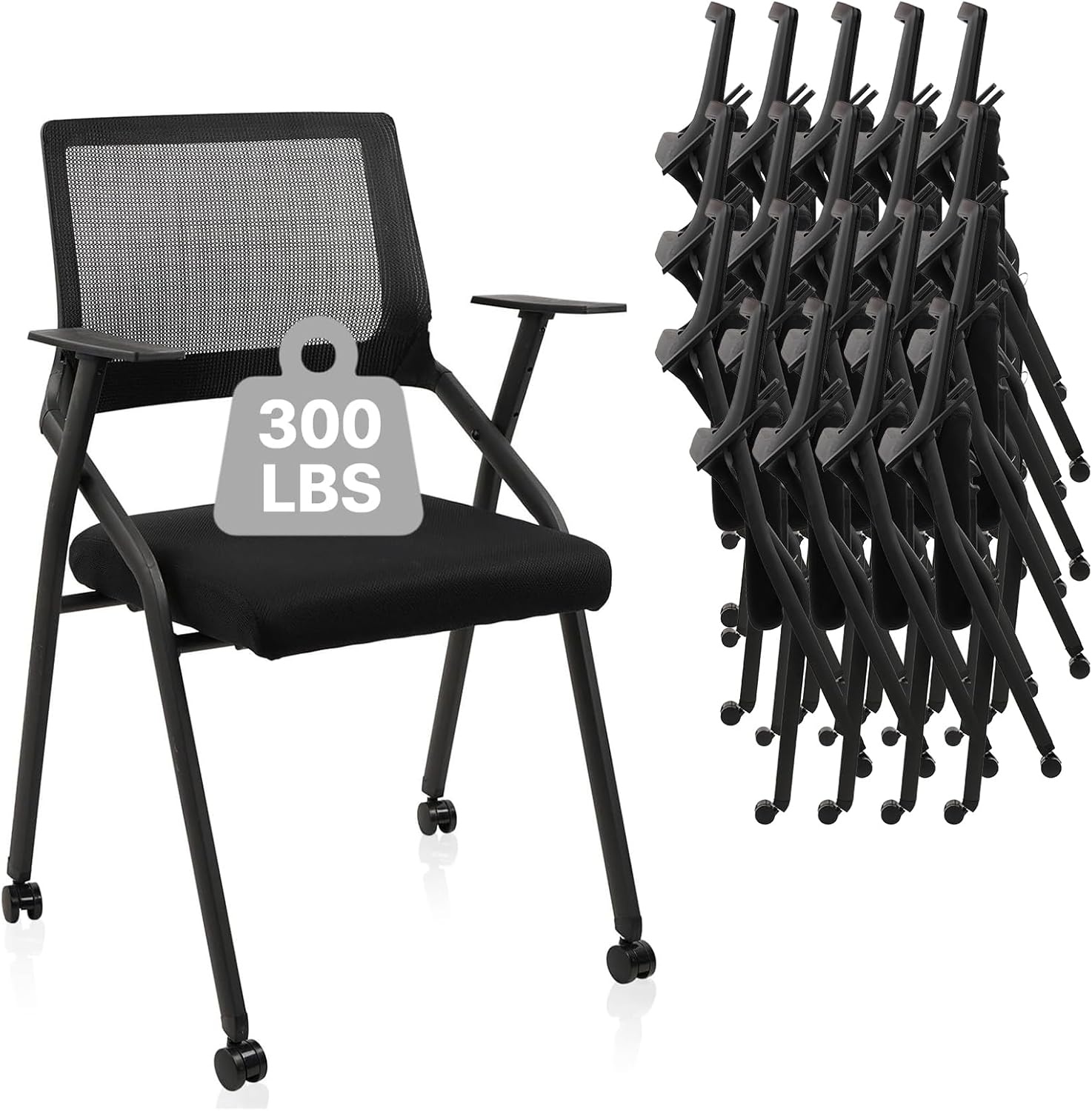 image:imageCLATINA Stackable amp Foldable Chairs with Wheels Reception Guest Chairs with Lumbar Support Ergonomic Mesh Back Folding Chair for Office Schools Training Conference Waiting Room Black 8PACKBlackwith Wheel