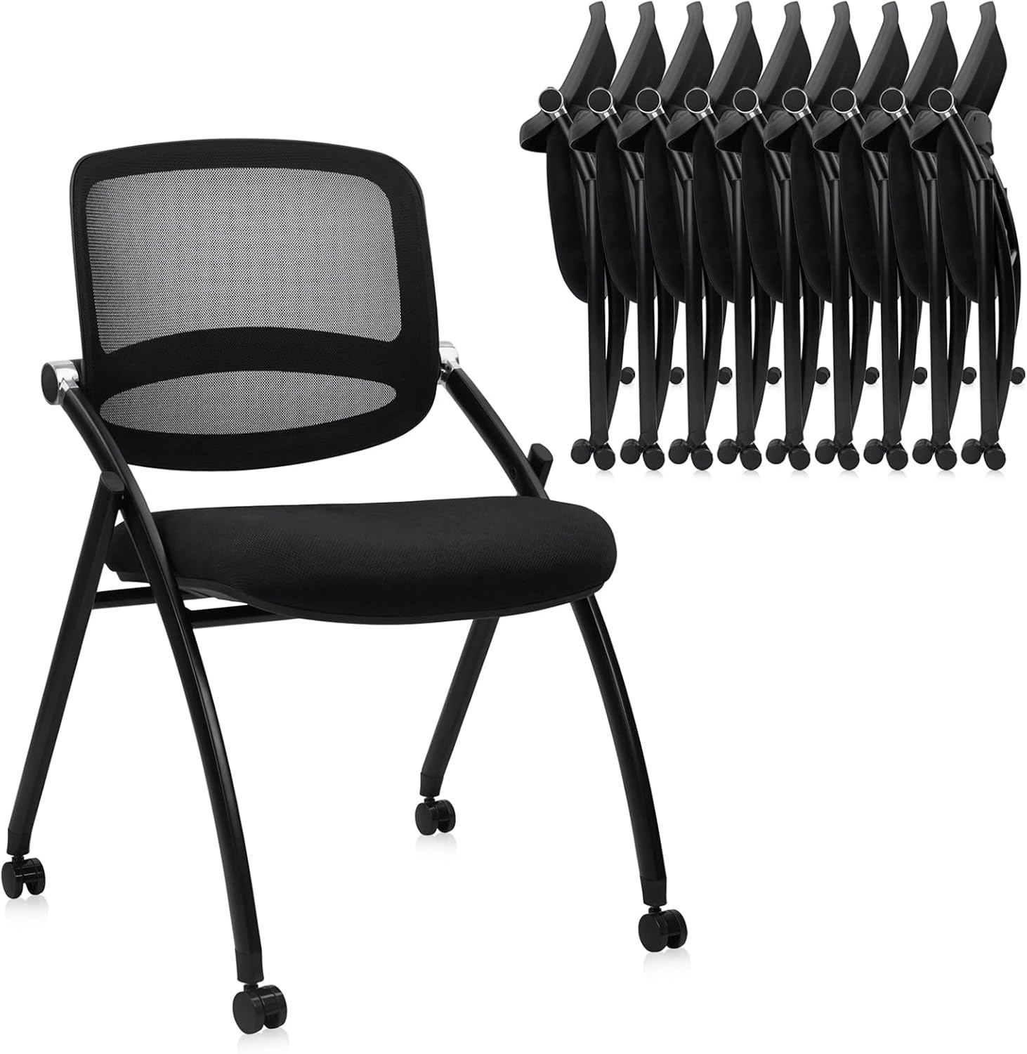 image:imageCLATINA Stackable amp Foldable Chairs with Wheels Reception Guest Chairs with Lumbar Support Ergonomic Mesh Back Folding Chair for Office Schools Training Conference Waiting Room Black 8PACKBlackcurved Backrest