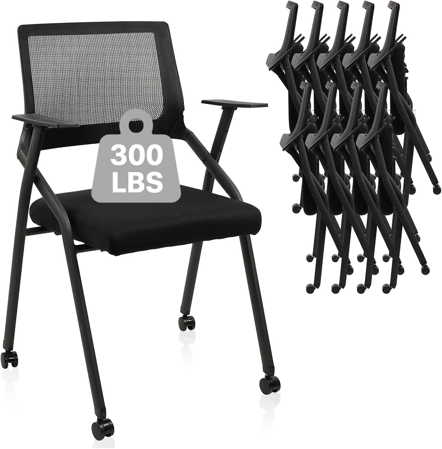 image:imageCLATINA Stackable amp Foldable Chairs with Wheels Reception Guest Chairs with Lumbar Support Ergonomic Mesh Back Folding Chair for Office Schools Training Conference Waiting Room Black 8PACKBlackwith Wheel