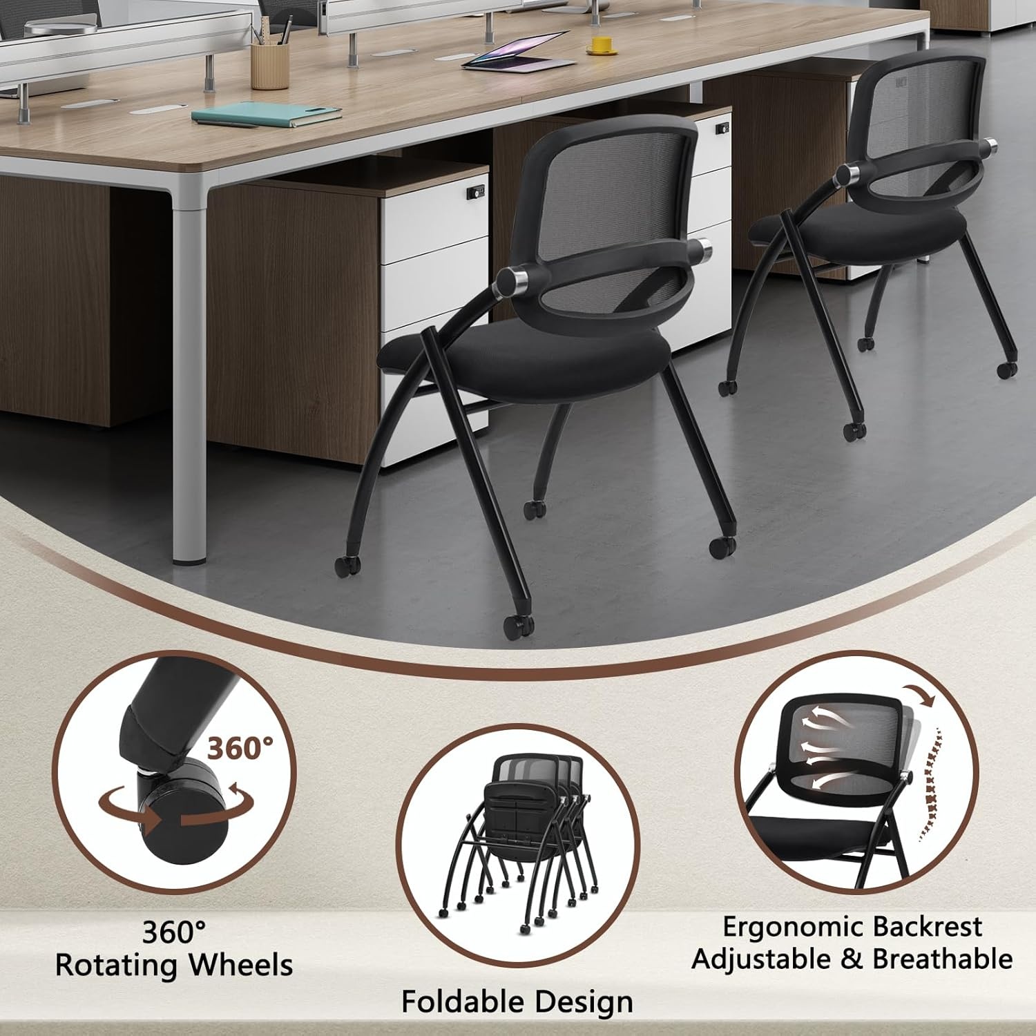 image:imageCLATINA Stackable amp Foldable Chairs with Wheels Reception Guest Chairs with Lumbar Support Ergonomic Mesh Back Folding Chair for Office Schools Training Conference Waiting Room Black 8PACKBlackcurved Backrest