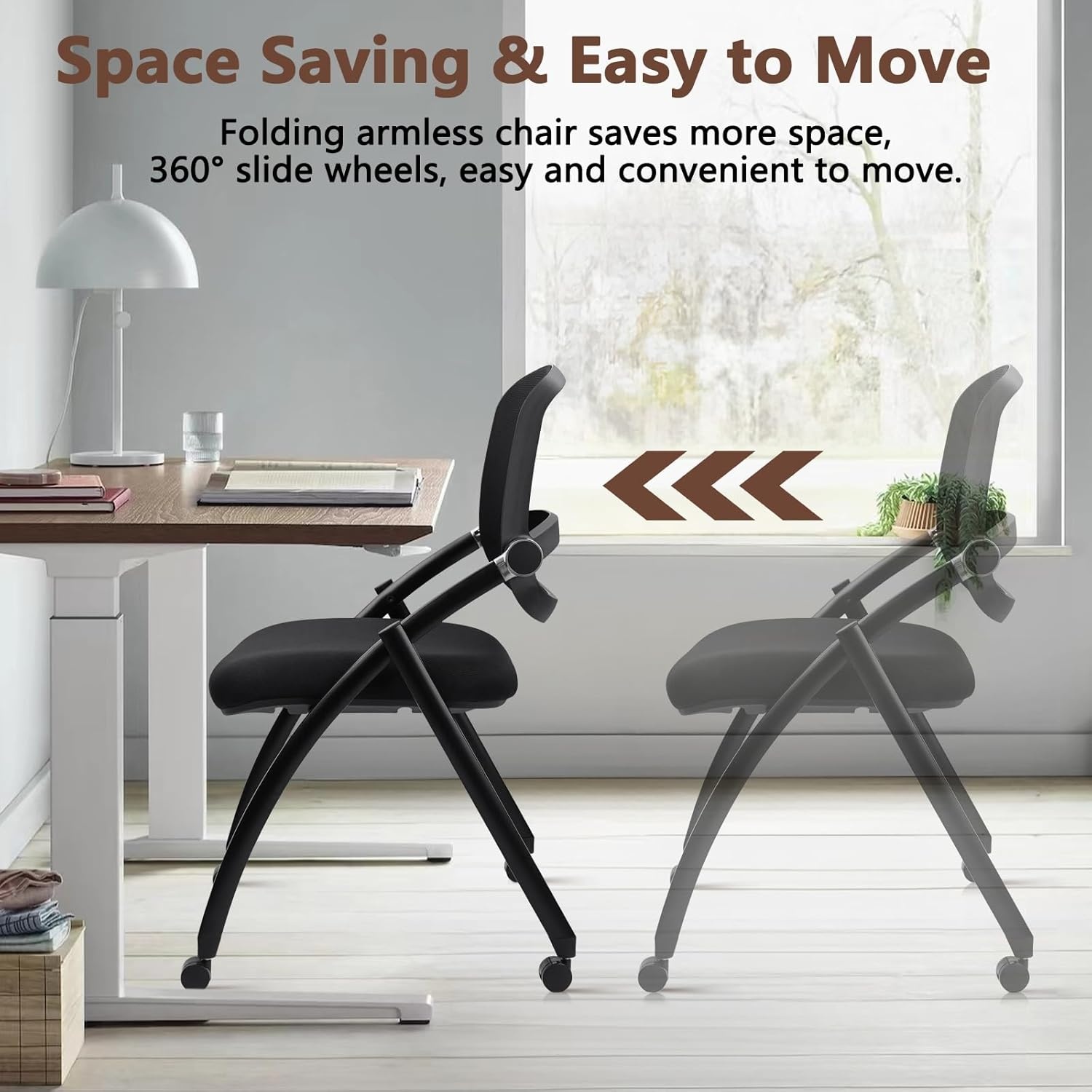 image:imageCLATINA Stackable amp Foldable Chairs with Wheels Reception Guest Chairs with Lumbar Support Ergonomic Mesh Back Folding Chair for Office Schools Training Conference Waiting Room Black 8PACKBlackcurved Backrest