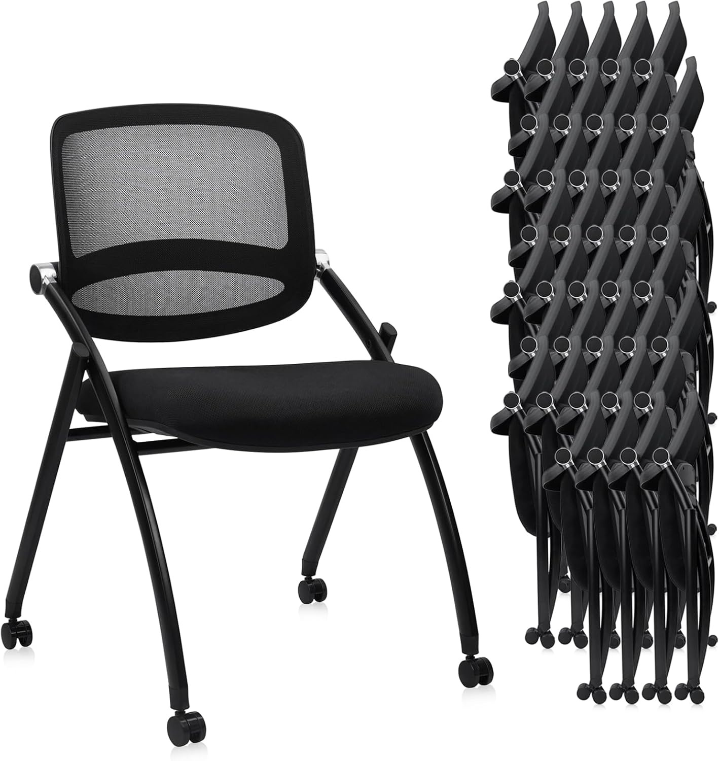 image:imageCLATINA Stackable amp Foldable Chairs with Wheels Reception Guest Chairs with Lumbar Support Ergonomic Mesh Back Folding Chair for Office Schools Training Conference Waiting Room Black 8PACKBlackcurved Backrest