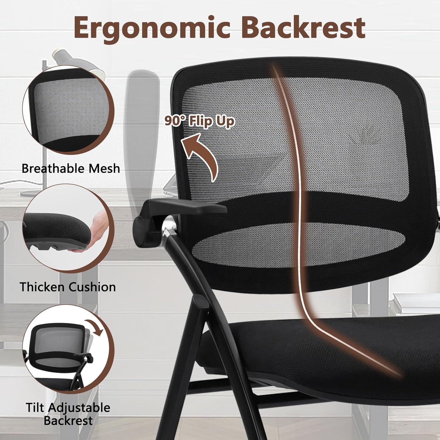 image:imageCLATINA Stackable amp Foldable Chairs with Wheels Reception Guest Chairs with Lumbar Support Ergonomic Mesh Back Folding Chair for Office Schools Training Conference Waiting Room Black 8PACKBlackflip Up Arms