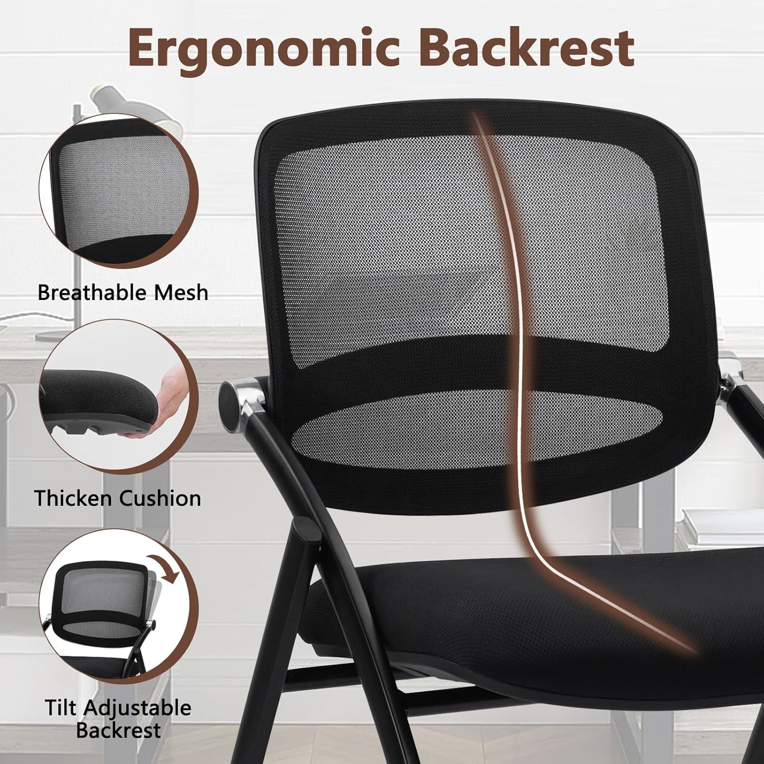 image:imageCLATINA Stackable amp Foldable Chairs with Wheels Reception Guest Chairs with Lumbar Support Ergonomic Mesh Back Folding Chair for Office Schools Training Conference Waiting Room Black 8PACKBlackcurved Backrest