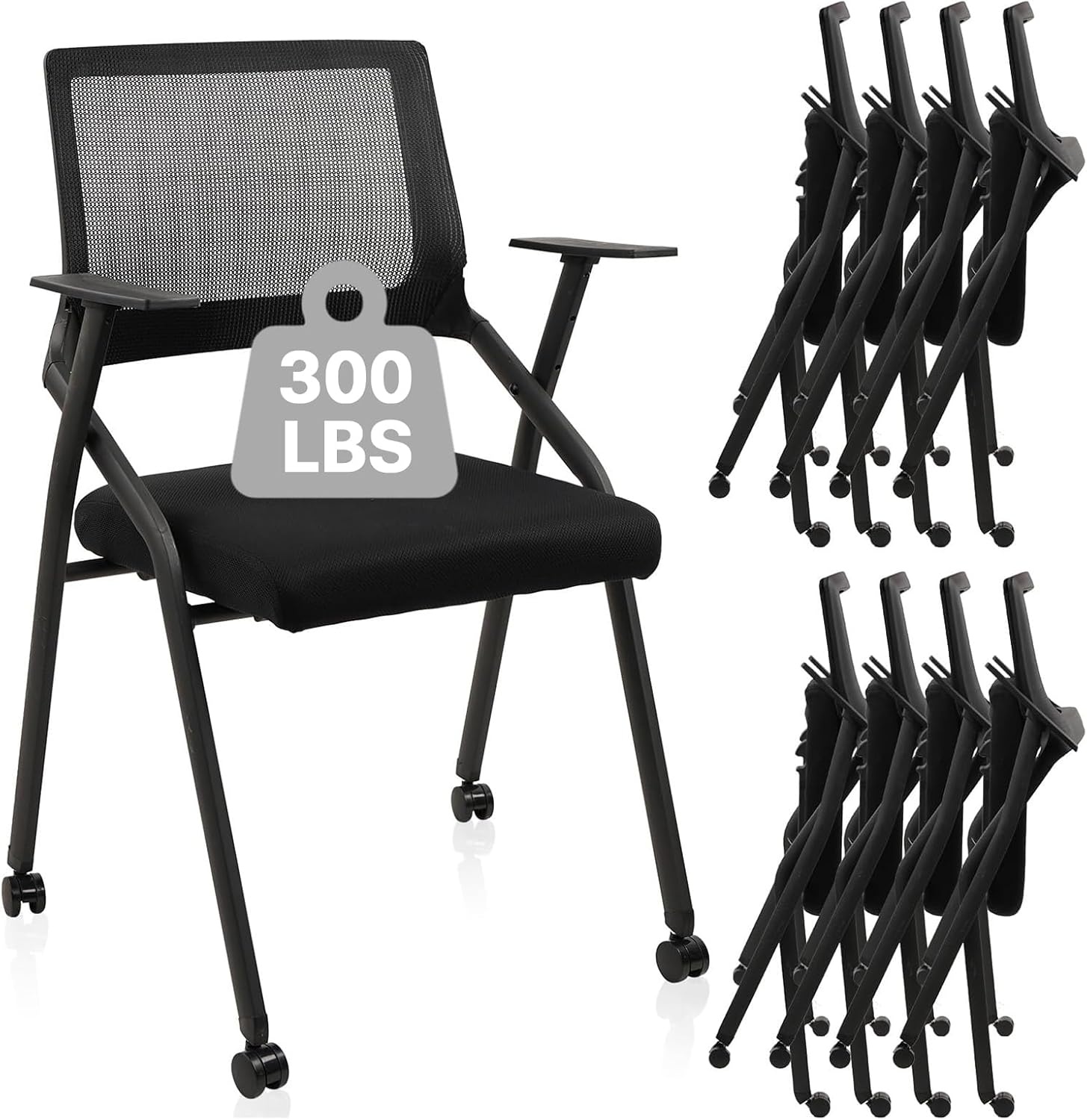 image:imageCLATINA Stackable amp Foldable Chairs with Wheels Reception Guest Chairs with Lumbar Support Ergonomic Mesh Back Folding Chair for Office Schools Training Conference Waiting Room Black 8PACKBlackwith Wheel