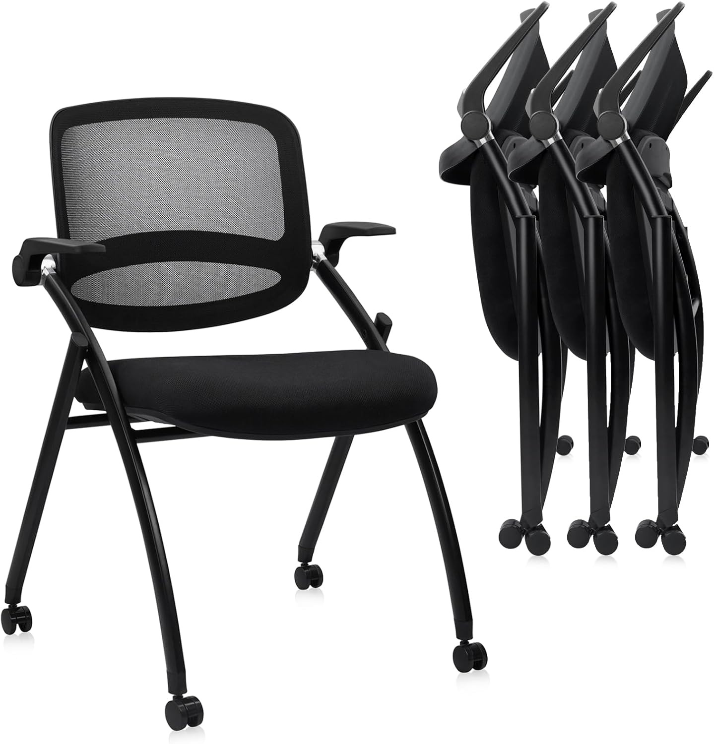 image:imageCLATINA Stackable amp Foldable Chairs with Wheels Reception Guest Chairs with Lumbar Support Ergonomic Mesh Back Folding Chair for Office Schools Training Conference Waiting Room Black 8PACKBlackflip Up Arms