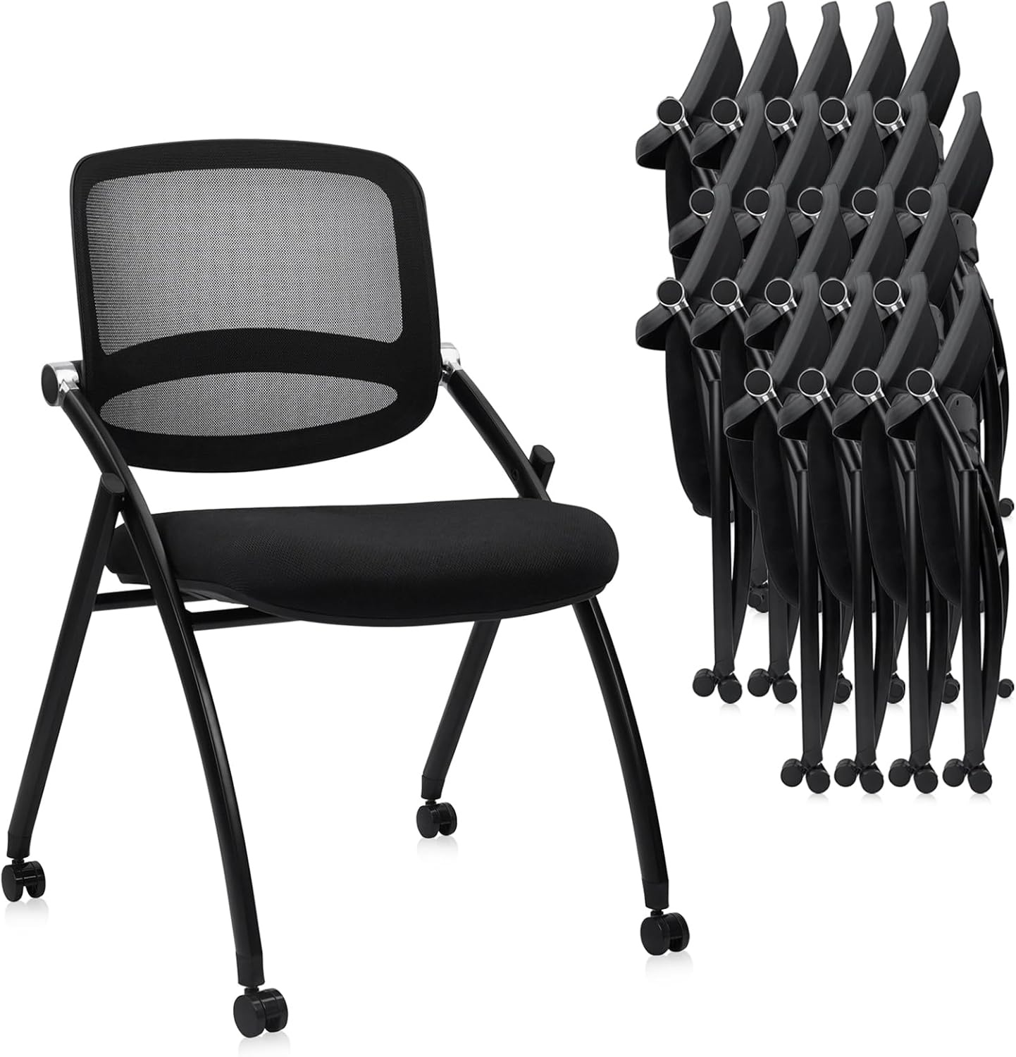 image:imageCLATINA Stackable amp Foldable Chairs with Wheels Reception Guest Chairs with Lumbar Support Ergonomic Mesh Back Folding Chair for Office Schools Training Conference Waiting Room Black 8PACKBlackcurved Backrest