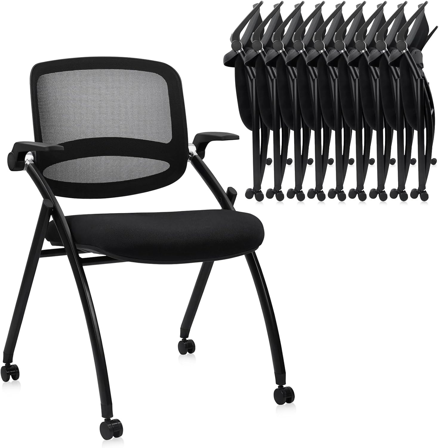 image:imageCLATINA Stackable amp Foldable Chairs with Wheels Reception Guest Chairs with Lumbar Support Ergonomic Mesh Back Folding Chair for Office Schools Training Conference Waiting Room Black 8PACKBlackflip Up Arms
