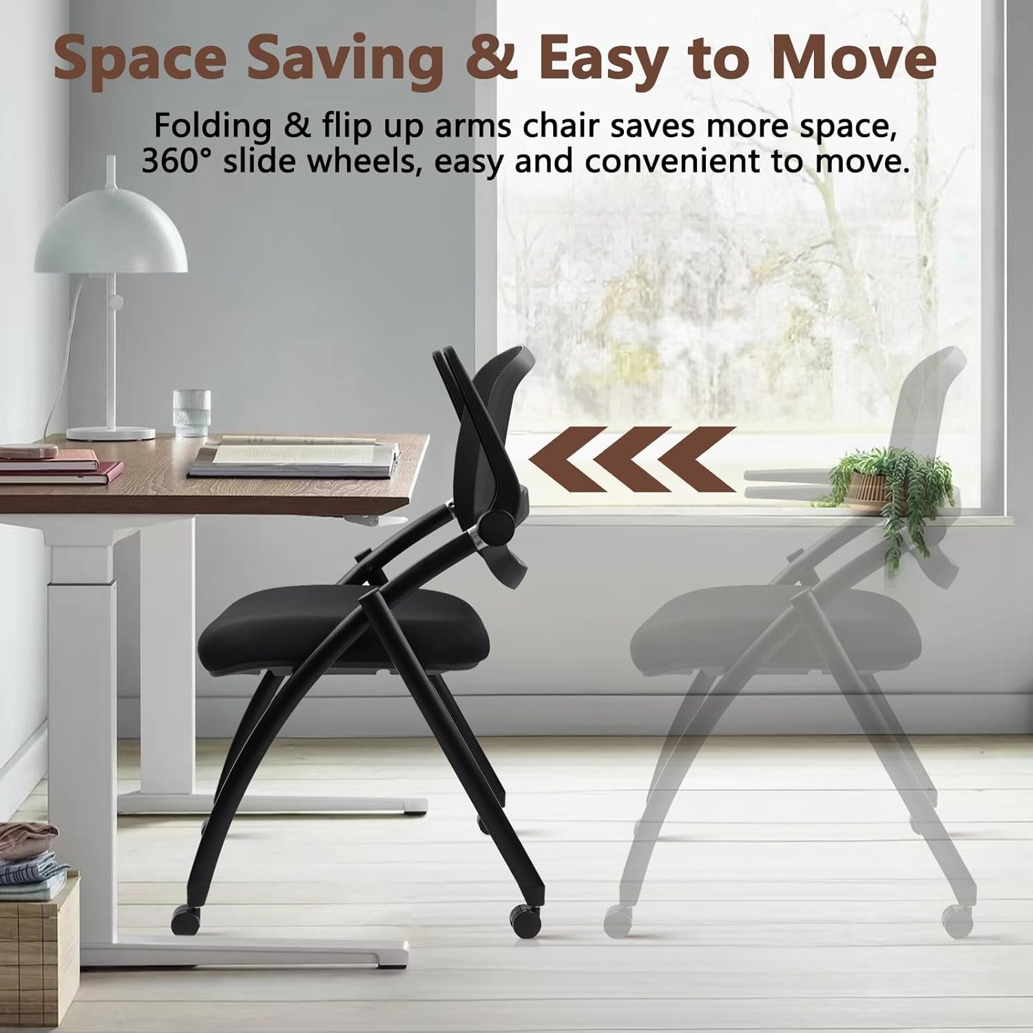 image:imageCLATINA Stackable amp Foldable Chairs with Wheels Reception Guest Chairs with Lumbar Support Ergonomic Mesh Back Folding Chair for Office Schools Training Conference Waiting Room Black 8PACKBlackflip Up Arms