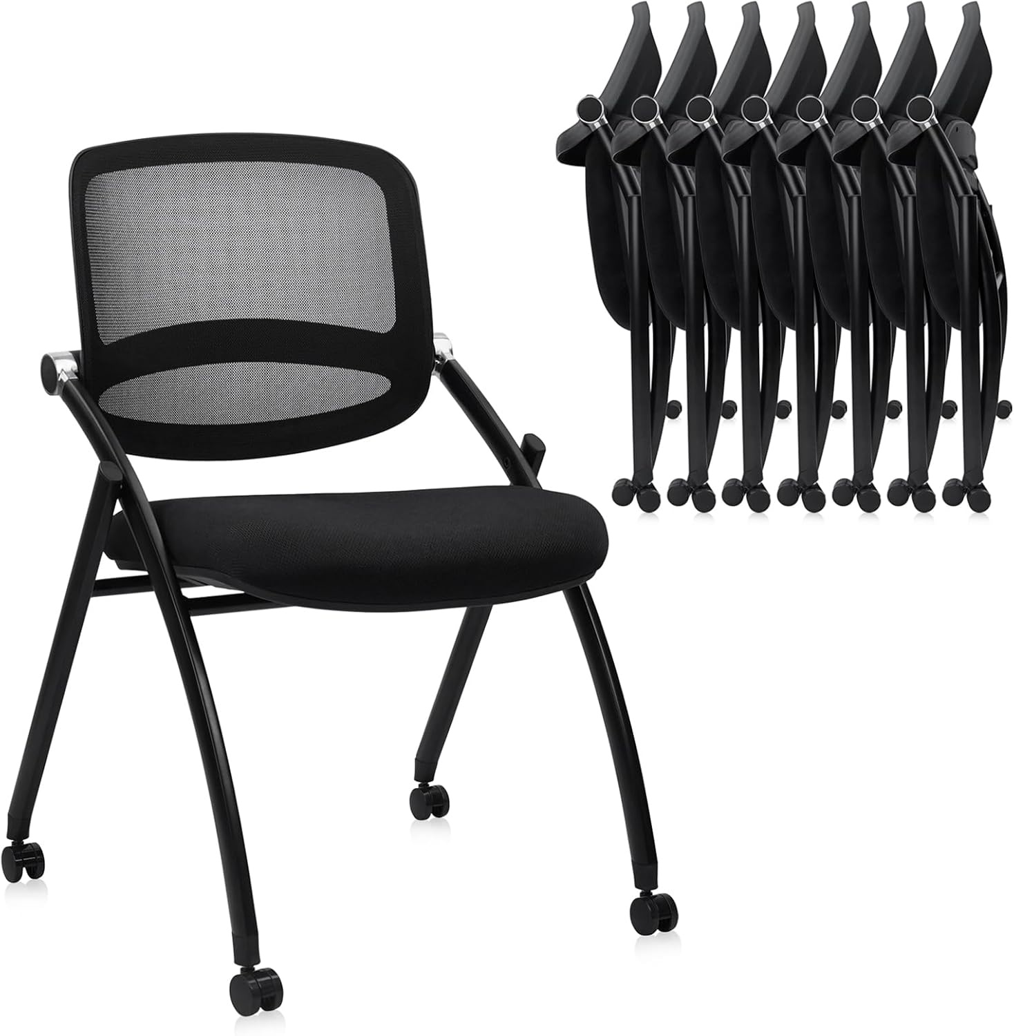image:imageCLATINA Stackable amp Foldable Chairs with Wheels Reception Guest Chairs with Lumbar Support Ergonomic Mesh Back Folding Chair for Office Schools Training Conference Waiting Room Black 8PACKBlackcurved Backrest