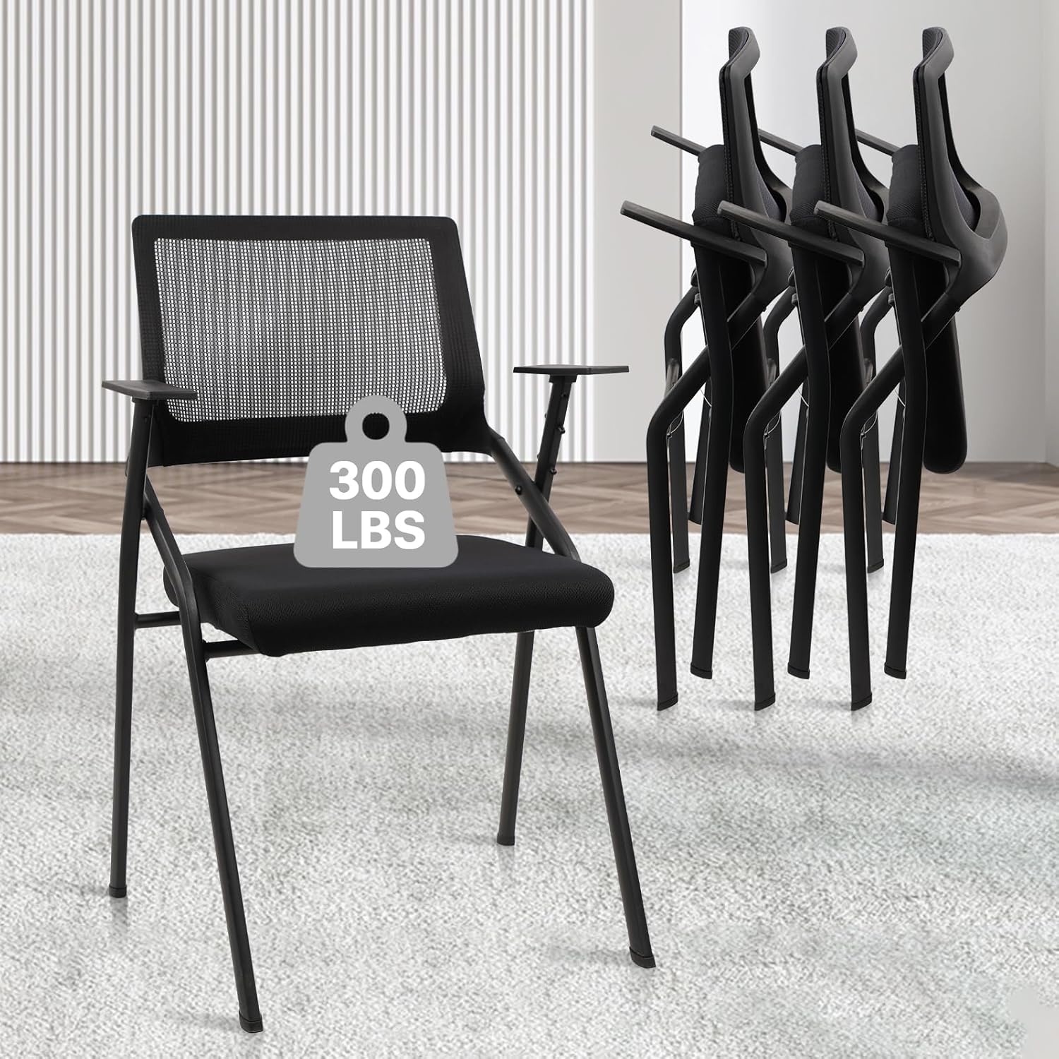 image:imageCLATINA Stackable amp Foldable Chairs with Wheels Reception Guest Chairs with Lumbar Support Ergonomic Mesh Back Folding Chair for Office Schools Training Conference Waiting Room Black 8PACKBlackarmrests