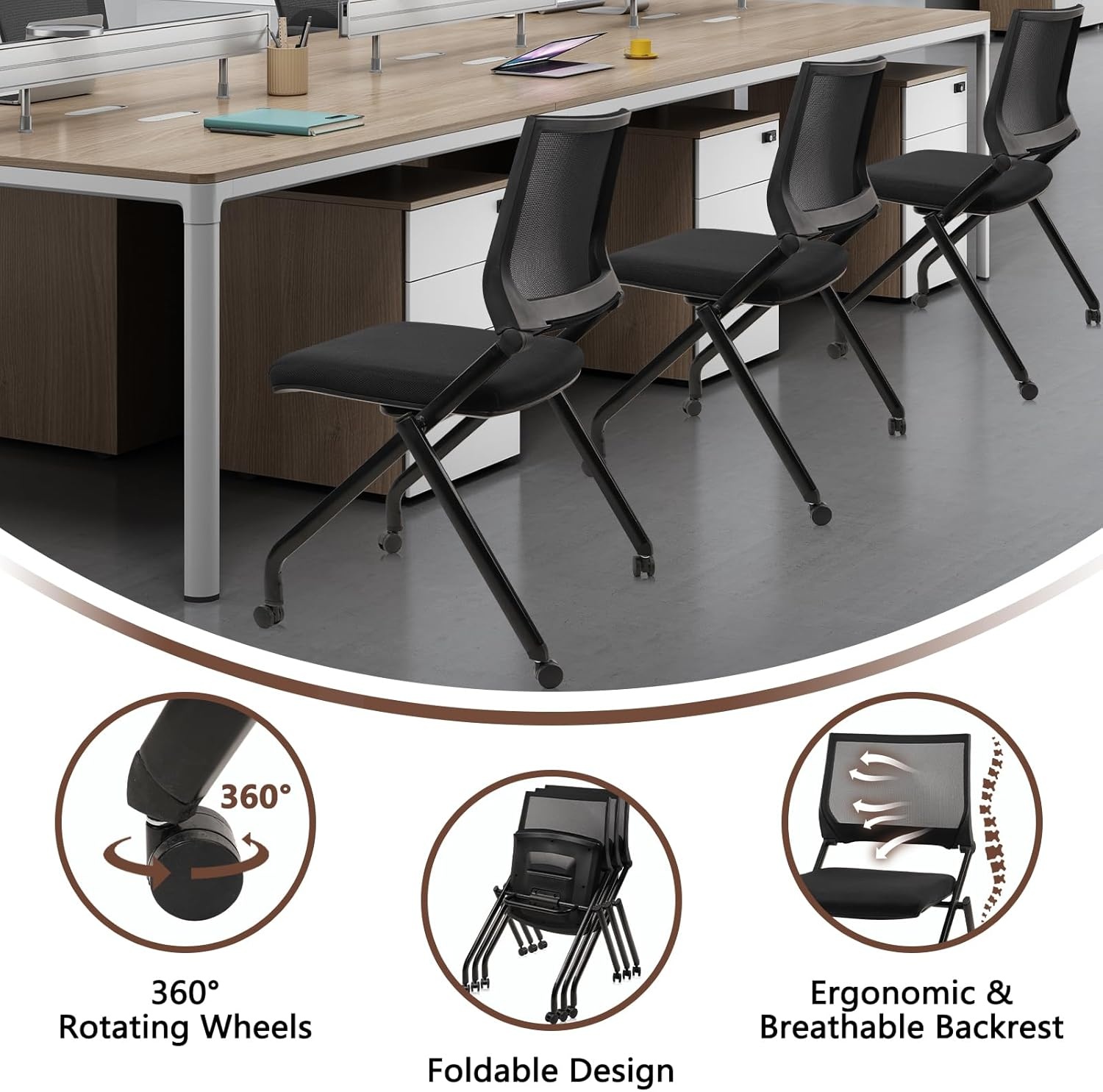 image:imageCLATINA Stackable amp Foldable Chairs with Wheels Reception Guest Chairs with Lumbar Support Ergonomic Mesh Back Folding Chair for Office Schools Training Conference Waiting Room Black 8PACKBlackarmless